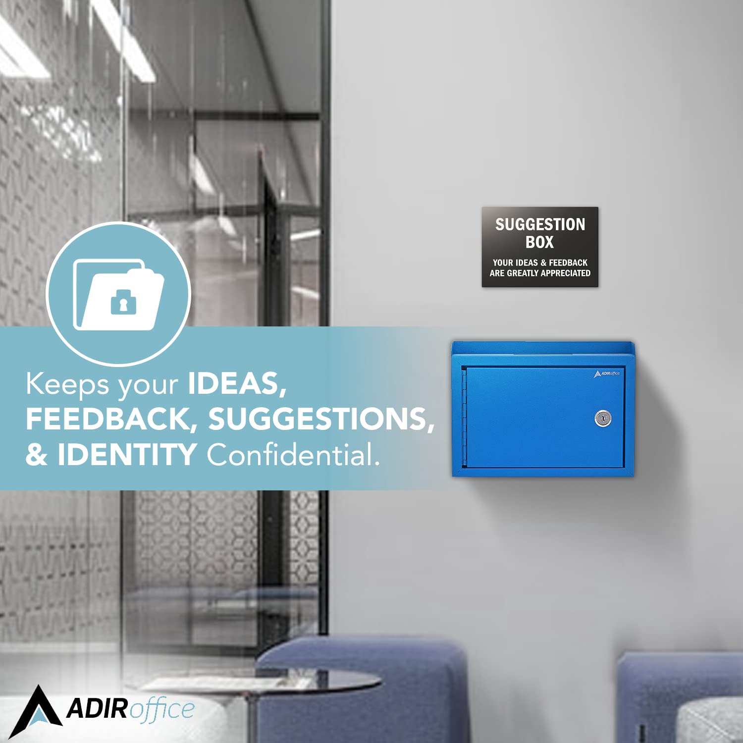 AdirCorp. Suggestion Box with Lock, Safe Wall Mounted Mail Box, Key Drop, Donation File and Money Organizer, 9.75x7x3 (Blue)  - Very Good
