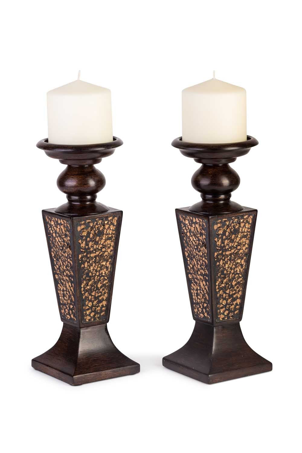 Creative Scents Schonwerk Pillar Candle Holder Set of 2- Crackled Mosaic Design- Functional Table Decorations- Centerpieces for Dining/Living Room- Best Wedding Gift (Brown)  - Like New