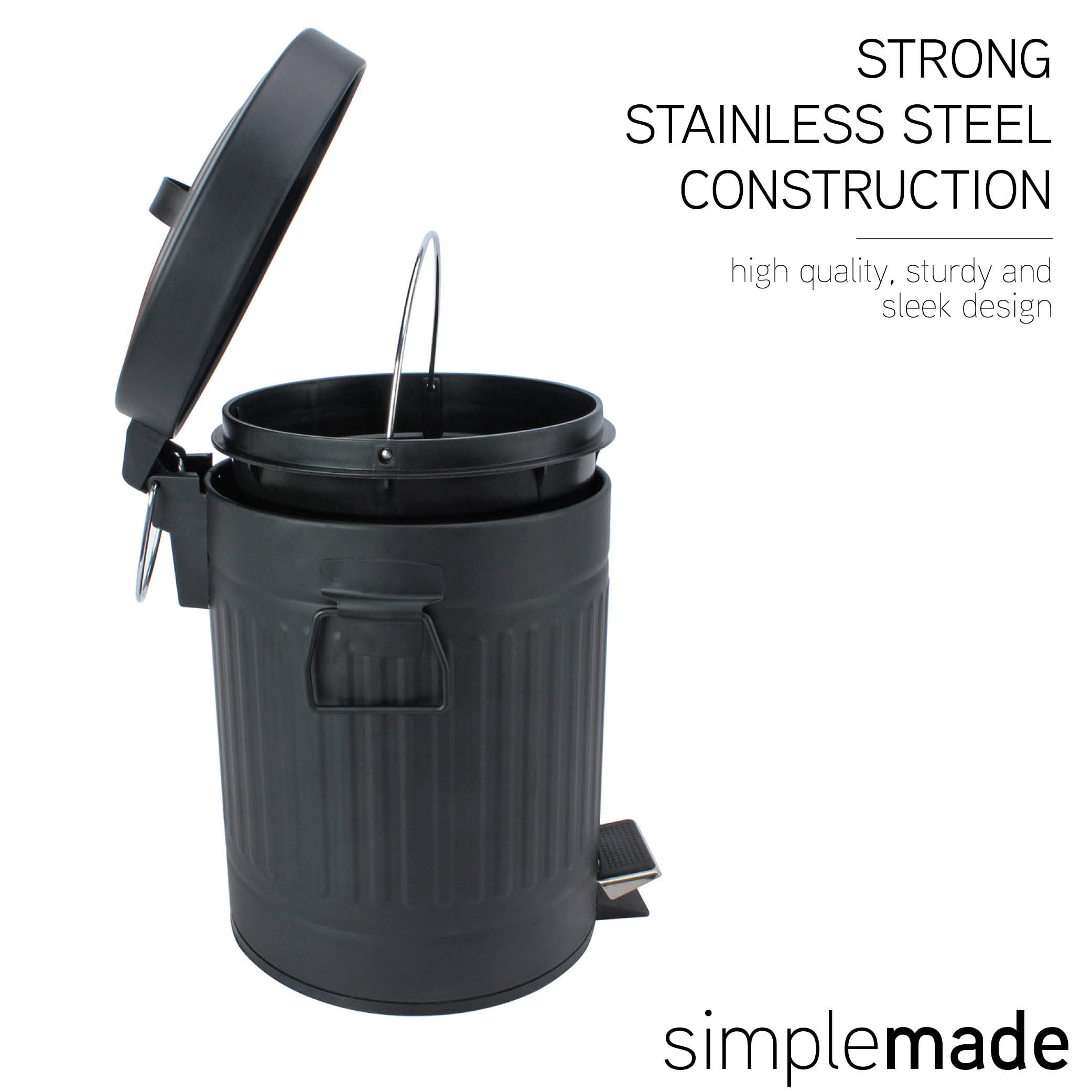 simplemade Round Step Trash Can - 5 Liter / 1.3 Gallon - Black Stainless Steel Bathroom Trash Can | Small Trash Can with Lid | Office Trash Can | Small Garbage Can with Lid | Metal Wastebasket  - Very Good