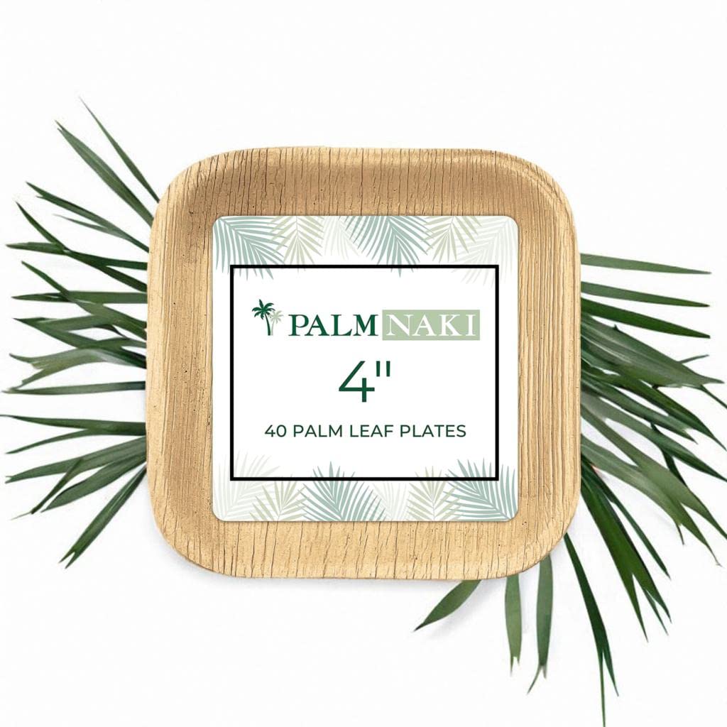 PALM NAKI Small Square Palm Leaf Plates (40 Count) - Disposable Dinnerware, Eco-Friendly, Compostable and Biodegradable Plates (4" Plates)