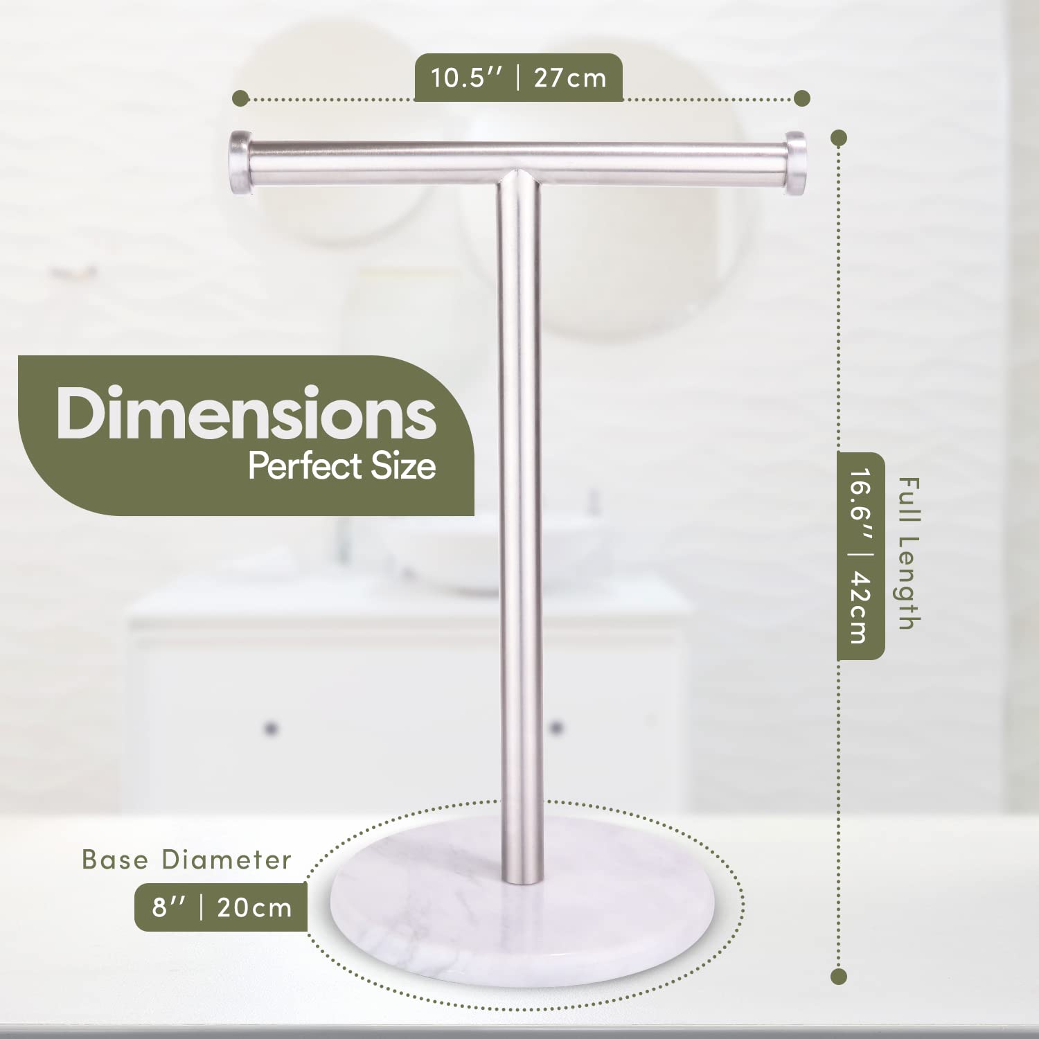 Homeries Marble Hand Towel Holder - Stainless Steel Towel Stand with Round Marble Base - Modern T-Shape Hand Towel Valet for Bathroom, Vanity Top Towel Stand, Counter Towel Bar, Jewelry Rack  - Acceptable