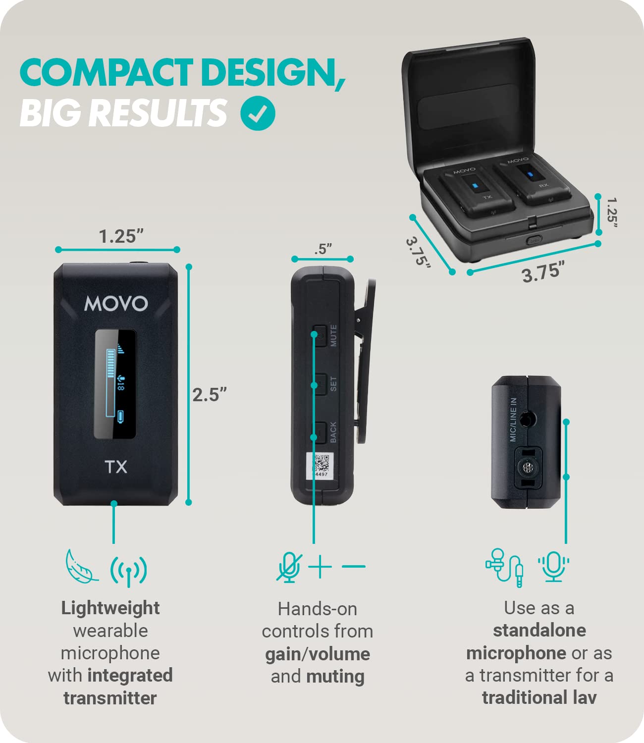 Movo WMX-2 Wireless Camera Microphone with Charging Case - Wireless Lapel Mic - 7HR Battery, 328' Range, Adjustable Gain, & LED Display  - Very Good