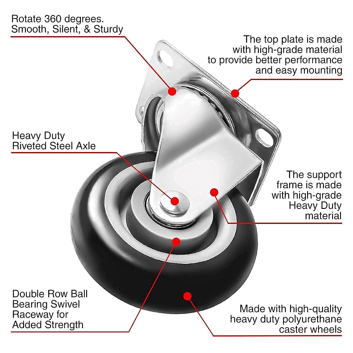 Caster Swivel Plate 4 w/Brake & 4 Plate Heavy Duty on Red PU Wheels with Heavy Duty Screws  - Like New