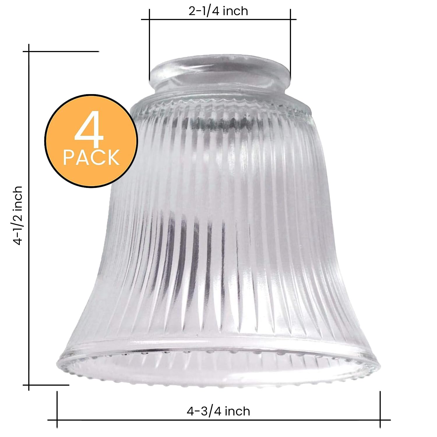 Ceiling Fan Light Covers, Ceiling Fan Globes Replacement Glass, Light Fixture Replacement Glass, Dysmio Clear Ribbed Shade Height: 4.50", Depth: 4.75", Width: 4.9" Fitter Size 2.25", 4 Pack  - Like New