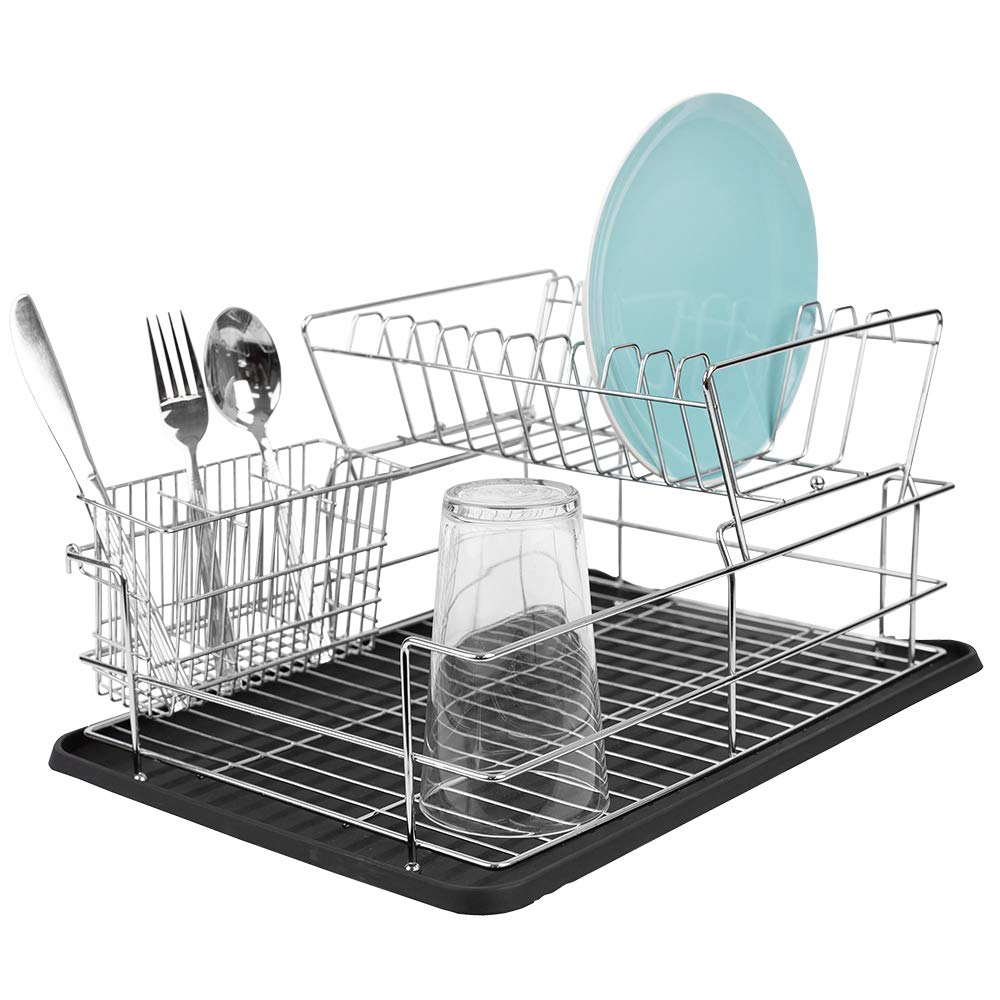 Home Basics Black Kitchen Sink Countertop 2 Tier Dish Rack and Draining Board Cutlery Holder, Fits Large Plates, Dry & Drip Tray, Full Mesh  - Like New
