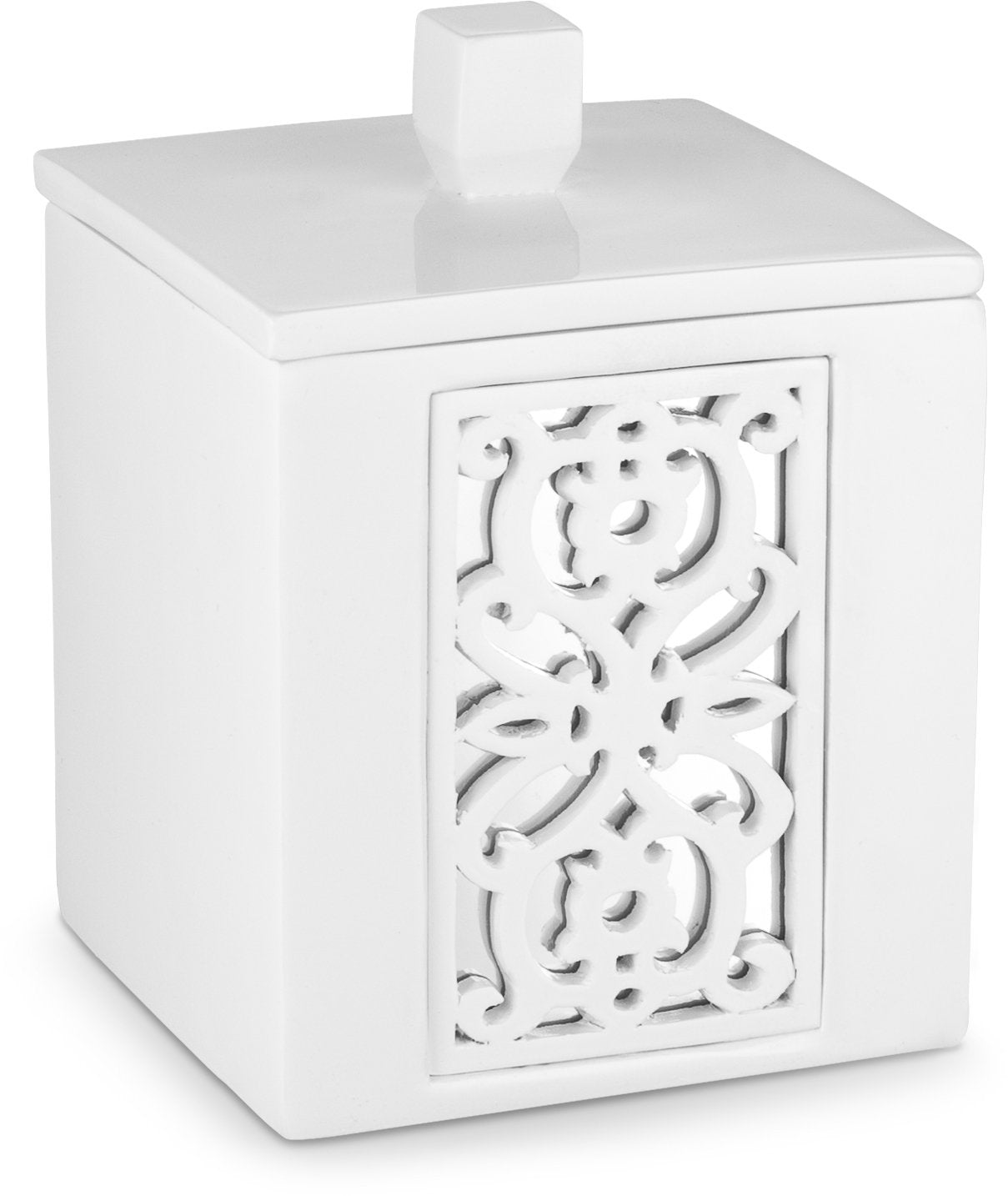 Creative Scents White Qtip Holder With Lid - Decorative Cotton Ball Jar - Durable Cotton Swab Container - Beautiful Bathroom Vanity Accessories - Elegant Bath Storage - (Mirror Janette Style)  - Like New