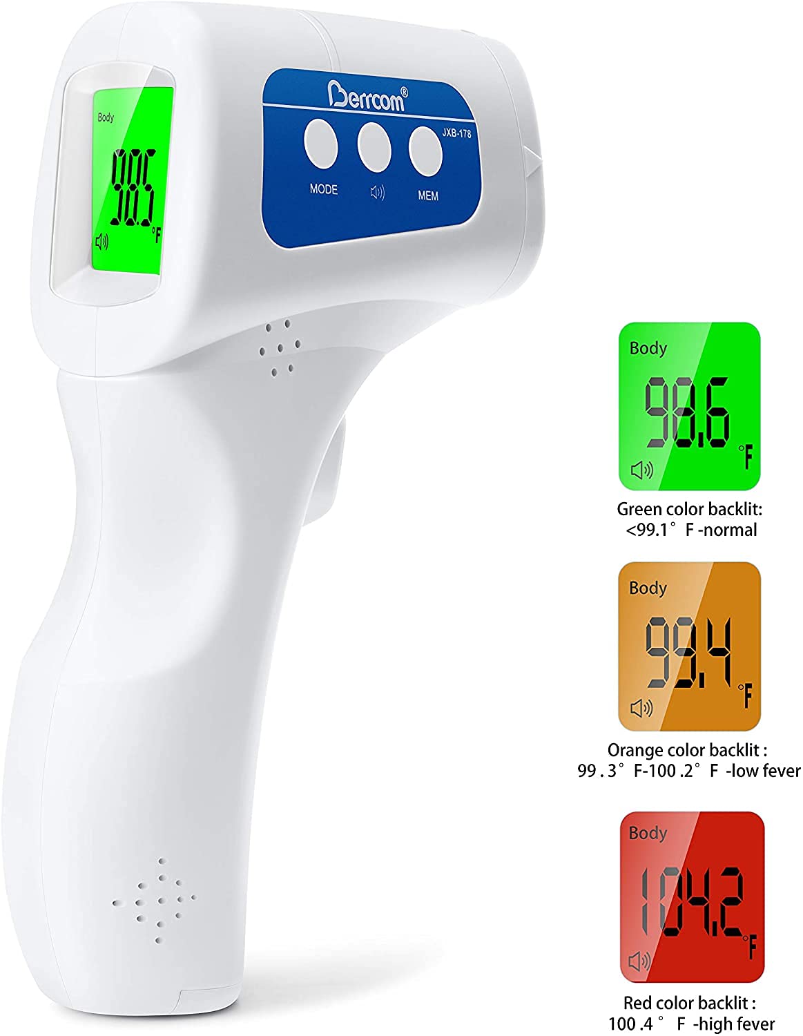 Berrcom Non Contact Infrared Forehead Thermometer for Adults, Kids, Baby - Medical Grade Digital Termometro Fever Check Temperature JXB-178 - Includes 5 Face Masks Bundle (Batteries Not Included)  - Like New