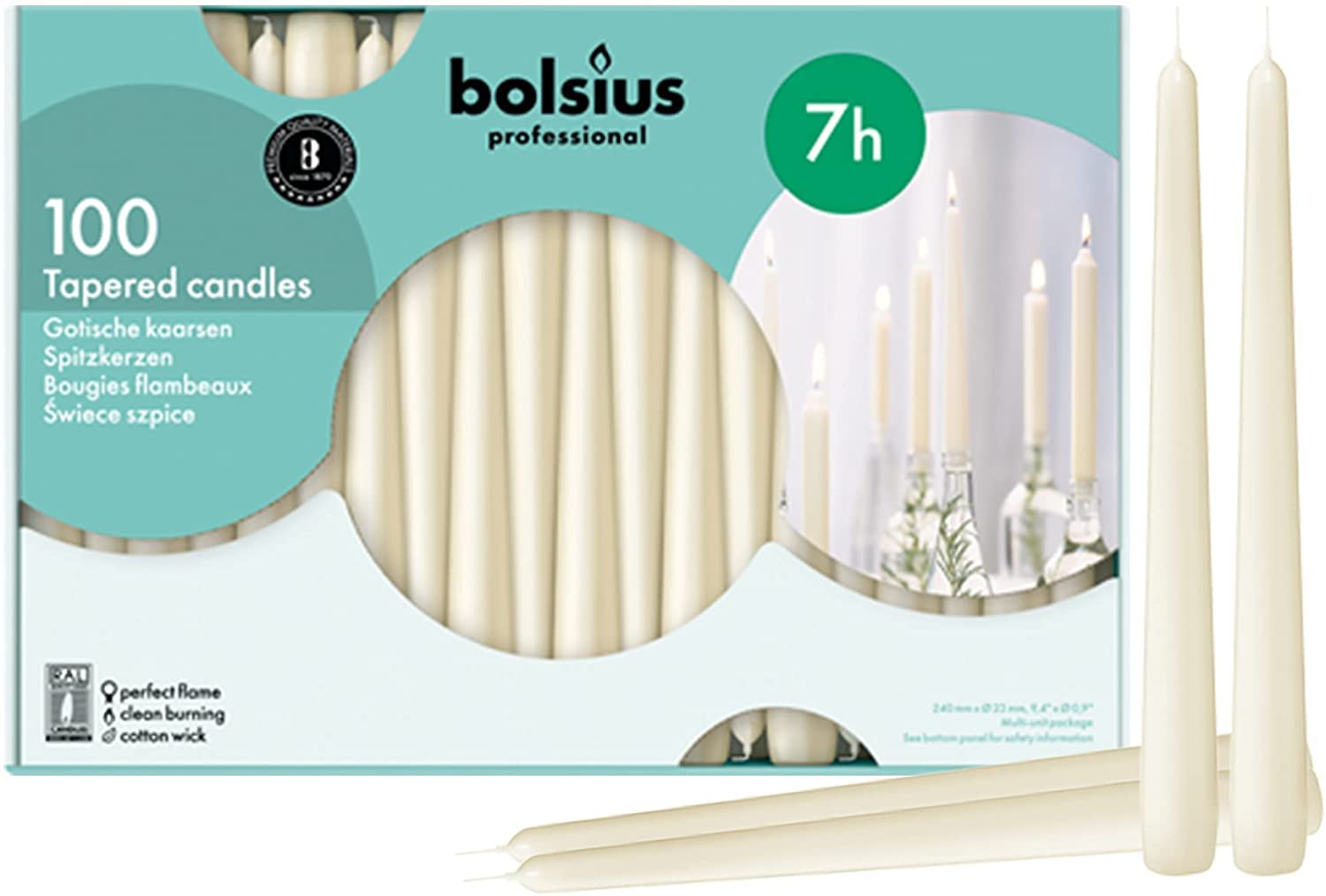 BOLSIUS Ivory Taper Candles 100 Count Bulk Pack - 10 Inch Dinner Candle Set - 7+ Burn Hours - Premium European Quality - Smooth Flame - 100% Cotton Wick - Smokeless & Dripless Household Candlesticks  - Very Good