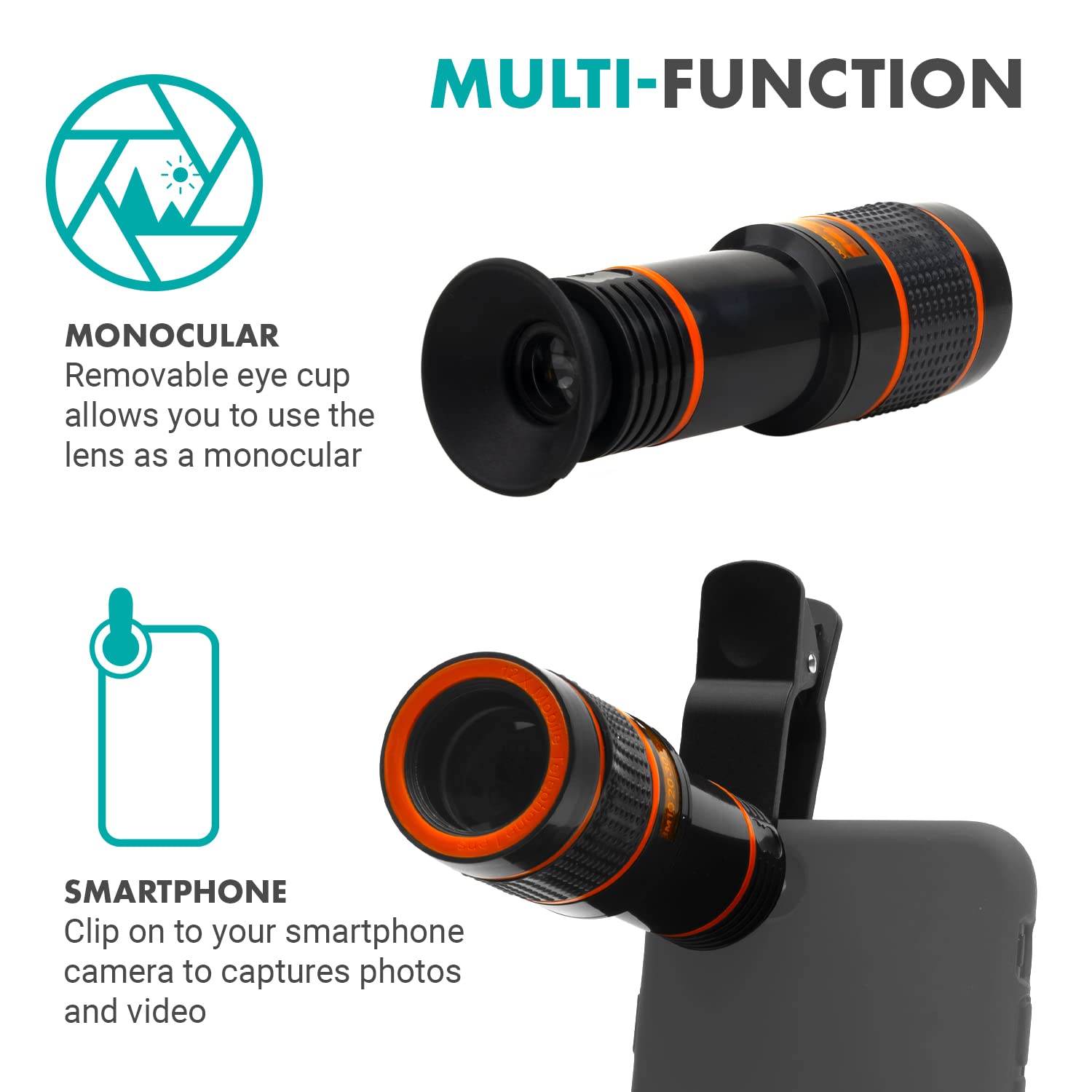Movo SPL-ST 12X Zoom Telescope Smartphone Lens Adapter and Monocular- Clip-on Telephoto Lens for Phone with Removable Monocular Eye Cup- Telescope and Phone Camera Lens for Photography and Videography  - Very Good