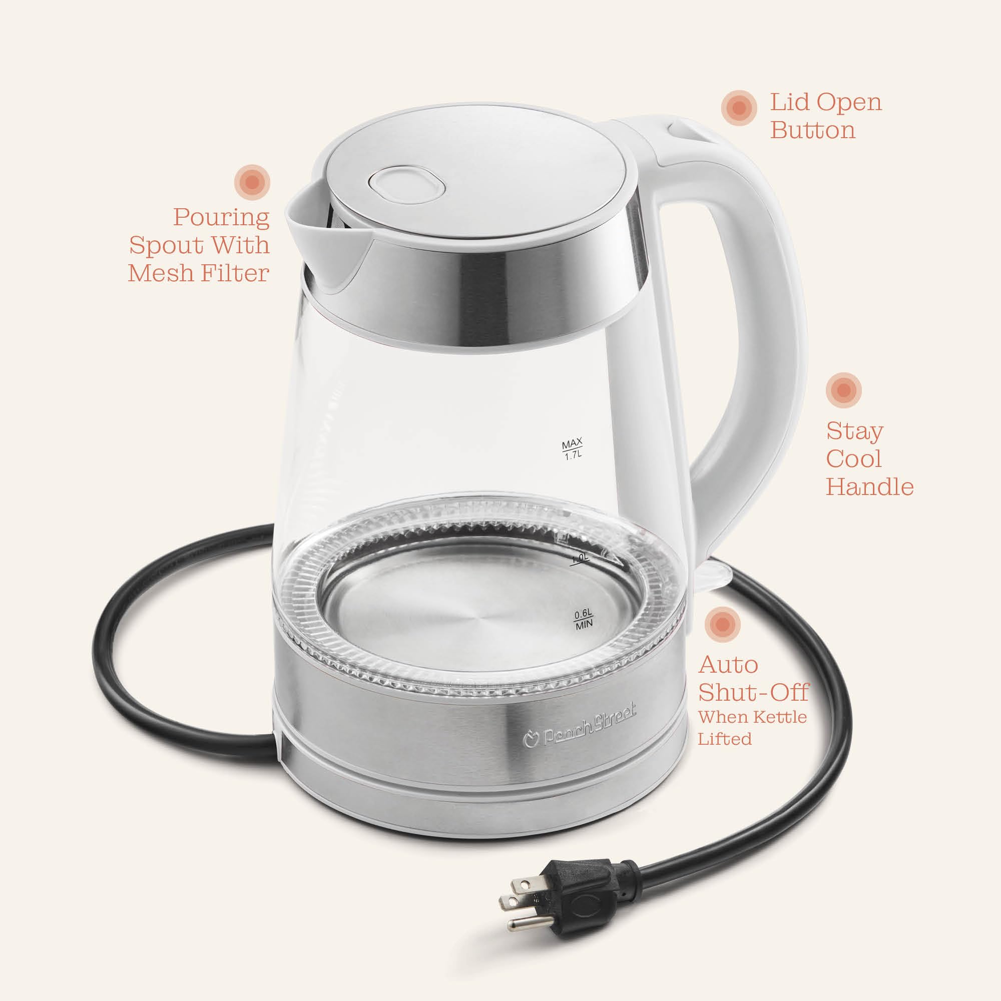 Speed-Boil Water Electric Kettle, 1.7L 1500W, Coffee & Tea Kettle Borosilicate Glass, Water Boiler, Auto Shut-Off, Cool Touch Handle, Base Detachable, LED. 360� Rotation, Boil Dry Protection (White)  - Acceptable