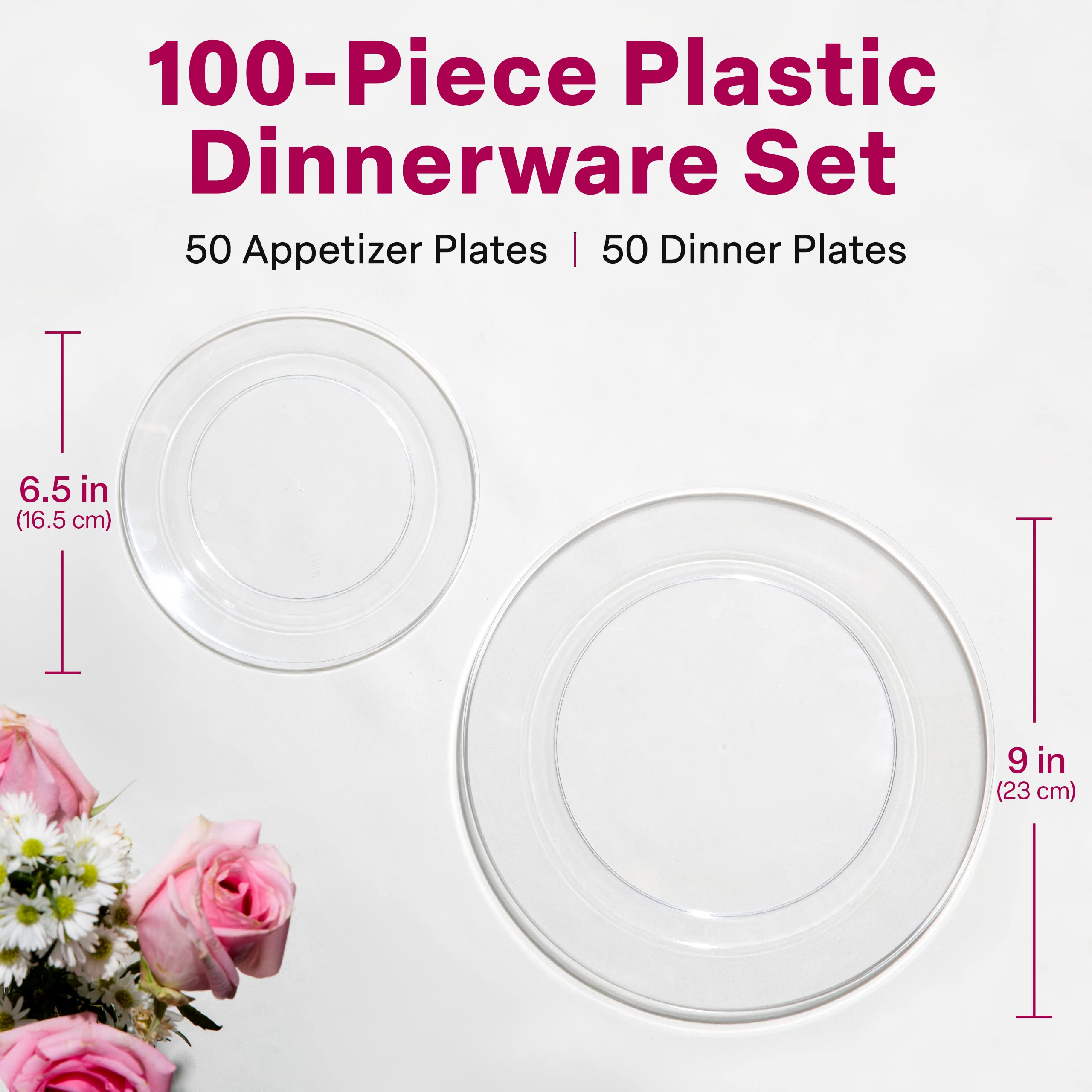 Aya's 100 Clear Plastic Plates Disposable, Heavy-Duty Plastic Plates - 50 Plastic Dinner Plates 9" + 50 Salad, Dessert, Appetizer Plates 6.25" for Weddings - Clear Plates for Christmas Holiday Party  - Like New