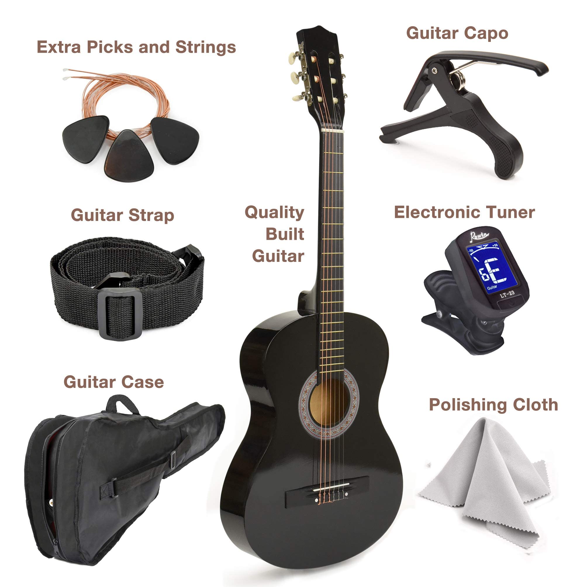 30" Left Handed Wood Guitar with Case and Accessories for Kids/Girls/Boys/Teens/Beginners (30", Black)  - Like New