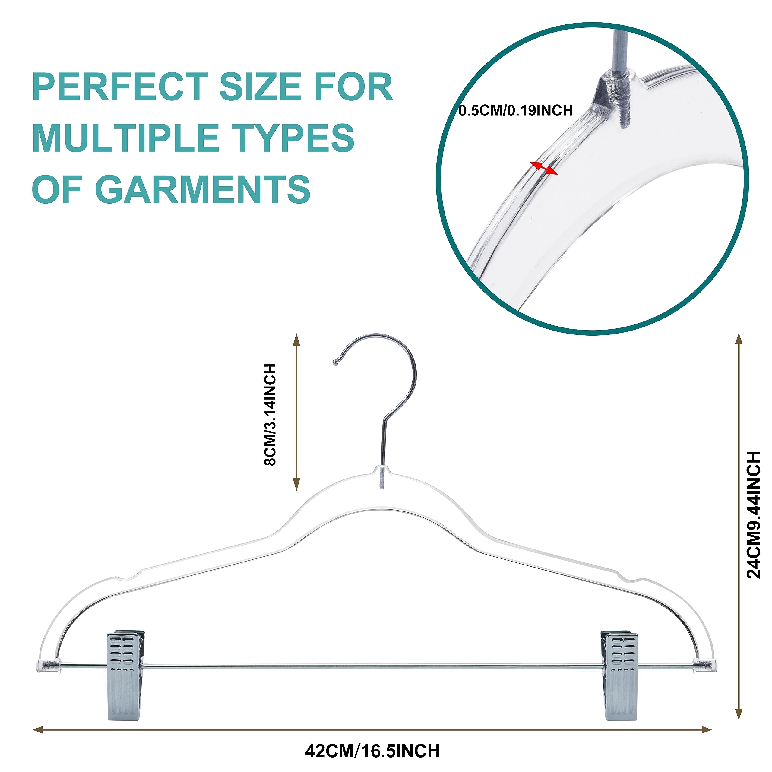 Title: Clear Plastic Pants Hangers with Clips Multi Pack | Heavy Duty Skirt Hangers Swivel Hook and Notches | Space Saving Acrylic Clip Hangers for Pants | Suitable for All Clothing | 16.5 Inch  - Like New