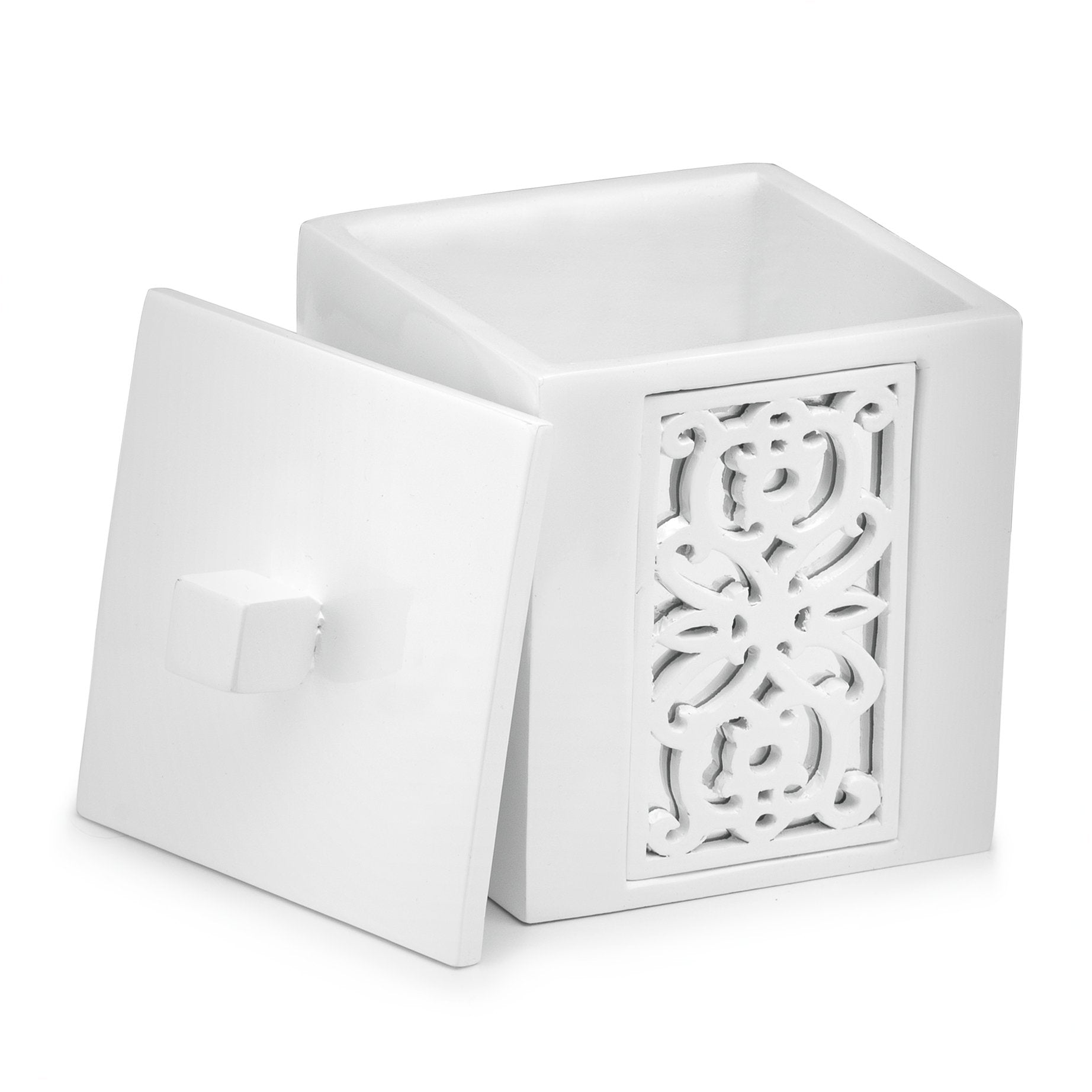 Creative Scents White Qtip Holder With Lid - Decorative Cotton Ball Jar - Durable Cotton Swab Container - Beautiful Bathroom Vanity Accessories - Elegant Bath Storage - (Mirror Janette Style)  - Like New
