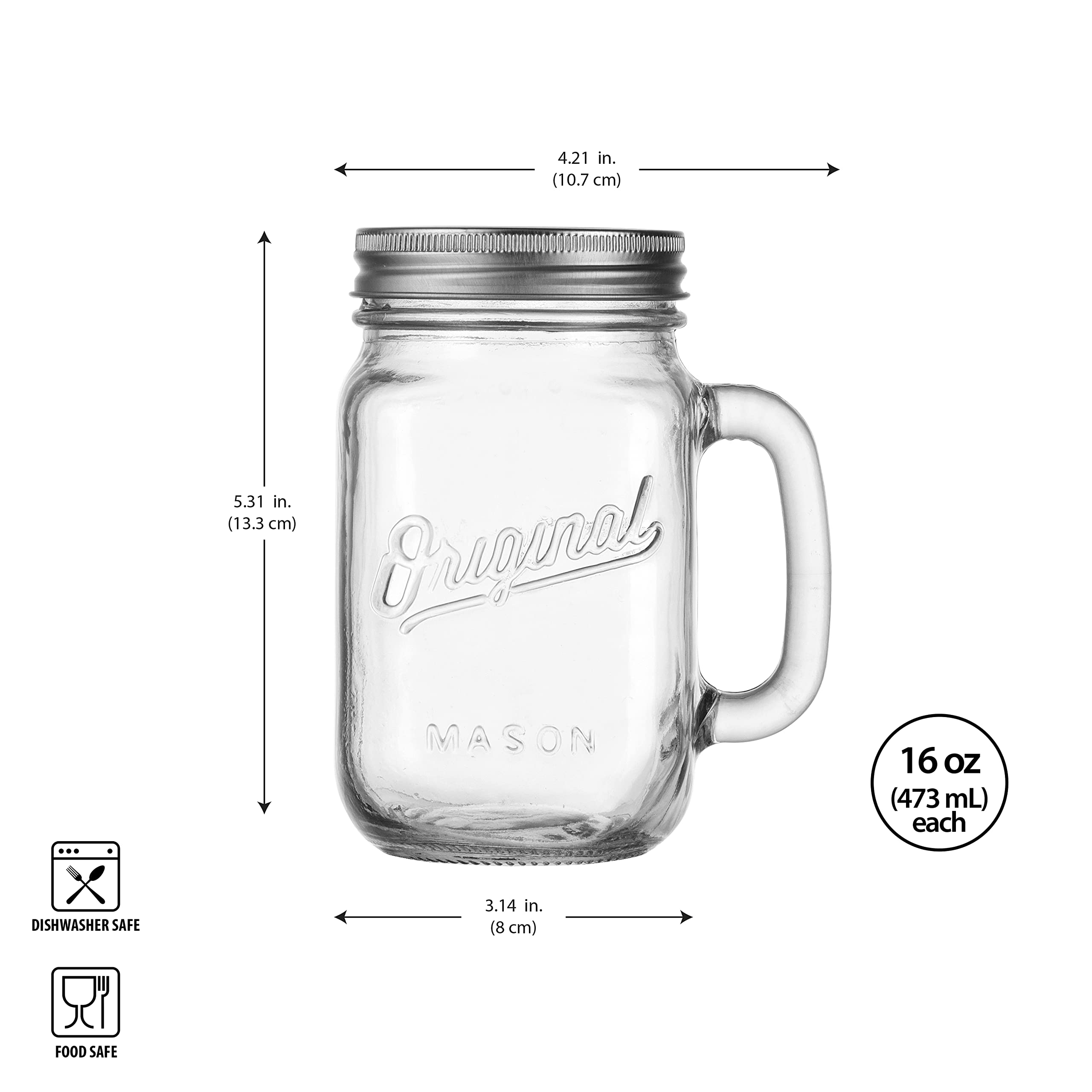 Mason Jar 16 Oz. Glass Mugs with Handle and Lid Set Of 4 - Home Essentials & Beyond - Old Fashioned Drinking Glass Bottles Original Mason Jar Pint Sized Cup Set.  - Acceptable