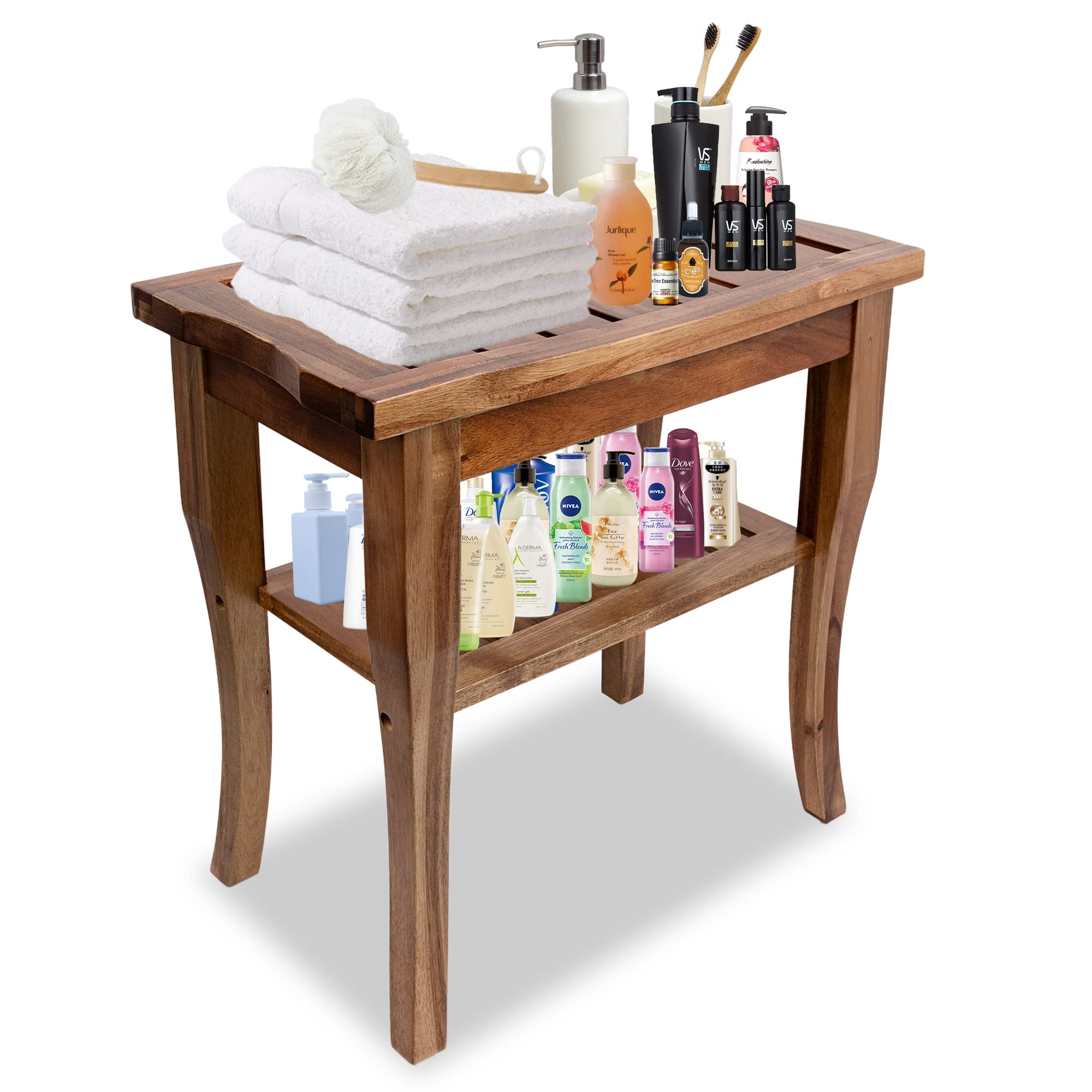 Slimry Design Teak Shower Bench - Solid and Water -Resistant Teak Bench with Storage Shelf Easy to Use Bath Stool with Non-Slip Pads -Assembly Required (Small)  - Very Good