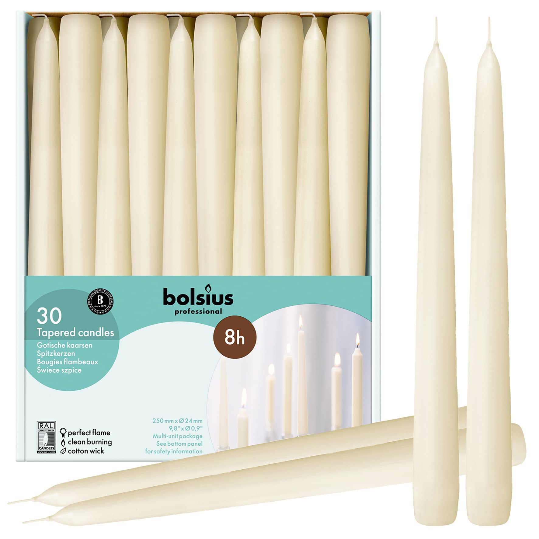 BOLSIUS 30 Count Household Ivory Taper Candles - 10 Inches - Premium European Quality - 8 Burn Hours - Bulk Pack Unscented Dripless and Smokeless Home D�cor, Restaurant, Wedding, & Party Candlesticks  - Good