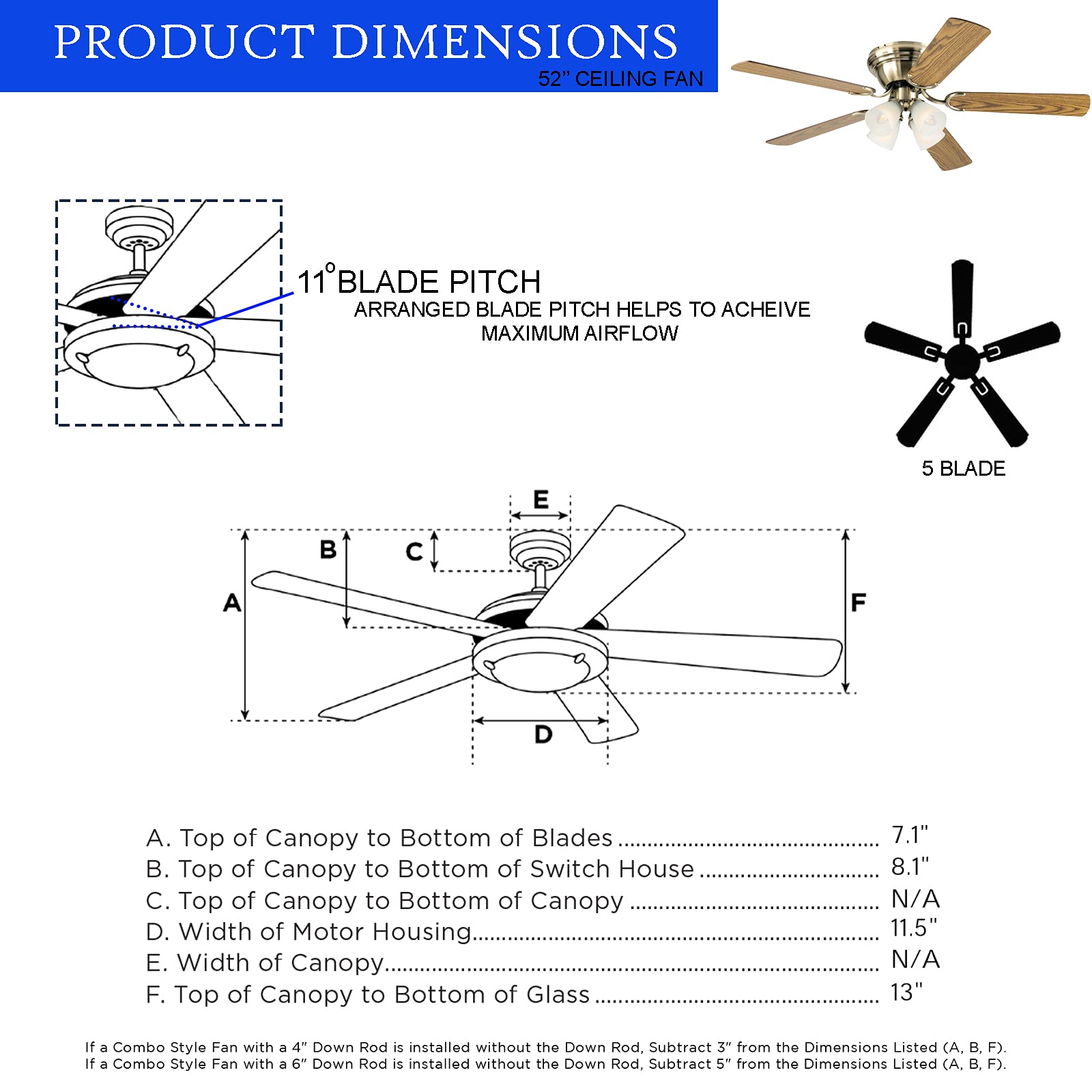 Ciata Lighting 52 Inch Contempora IV Indoor Ceiling Fan with Dimmable LED Light Fixture in Ribbed Glass with Reversible Blades  - Like New