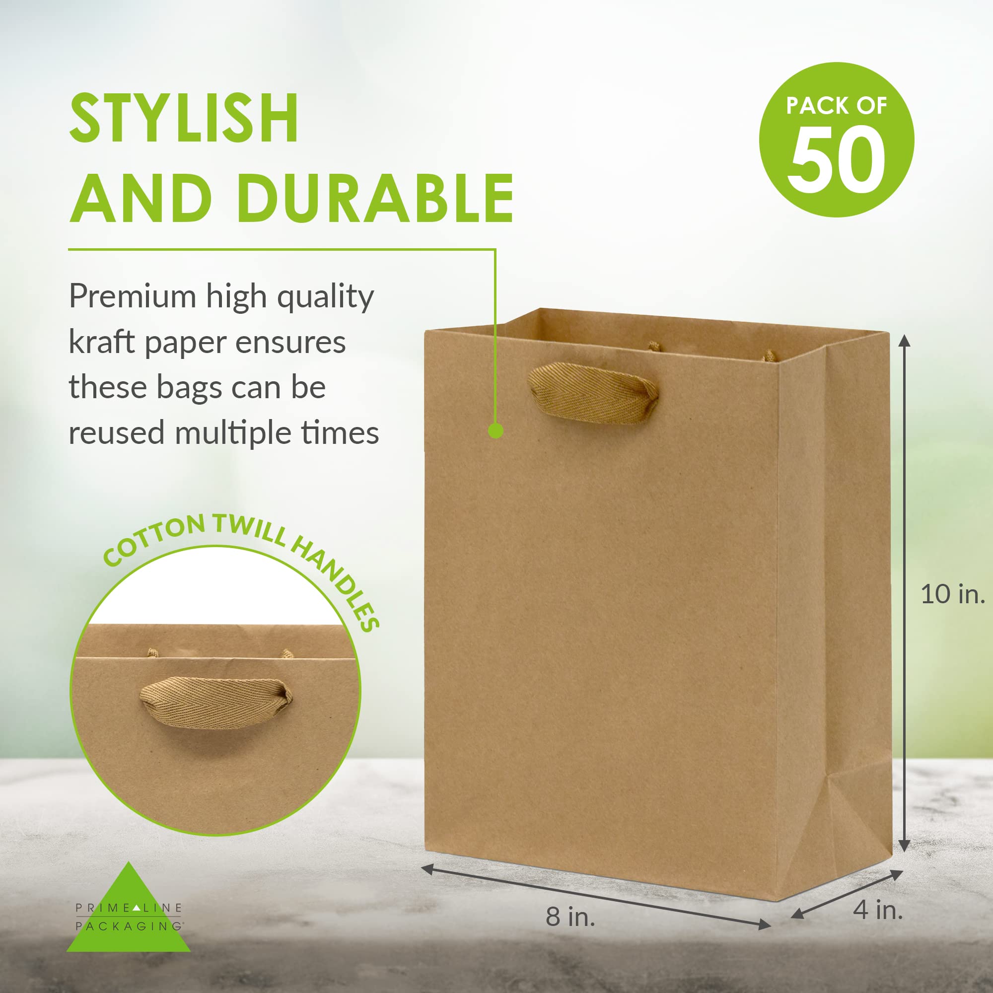 Kraft Gift Bags - 50 Pack 8x4x10 Designer Kraft Shopping Bags in Bulk, Small Gift Wrap Totes with Fabric Handles for Boutiques, Small Business, Retail Stores, Merchandise, Birthday Parties  - Like New