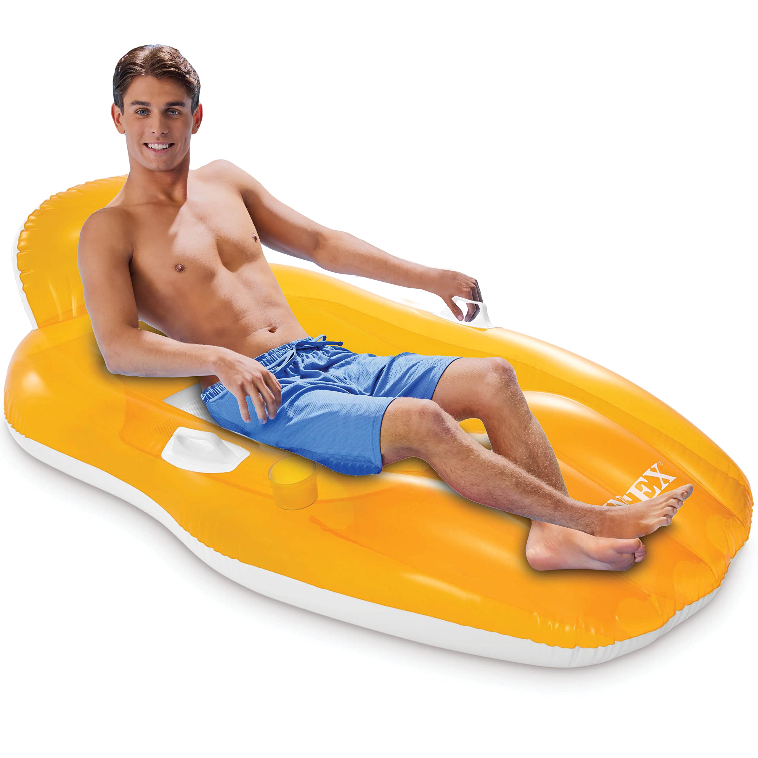 Pool Floats, Inflatable Pool Lounger, with Headrest, Handles, and Cup Holder - Pool Floats Adult, Comes in 2 Fun Colors (Color May Vary, Yellow/Orange) (64" X 41") Relaxing Floats for Swimming Pool.  - Like New