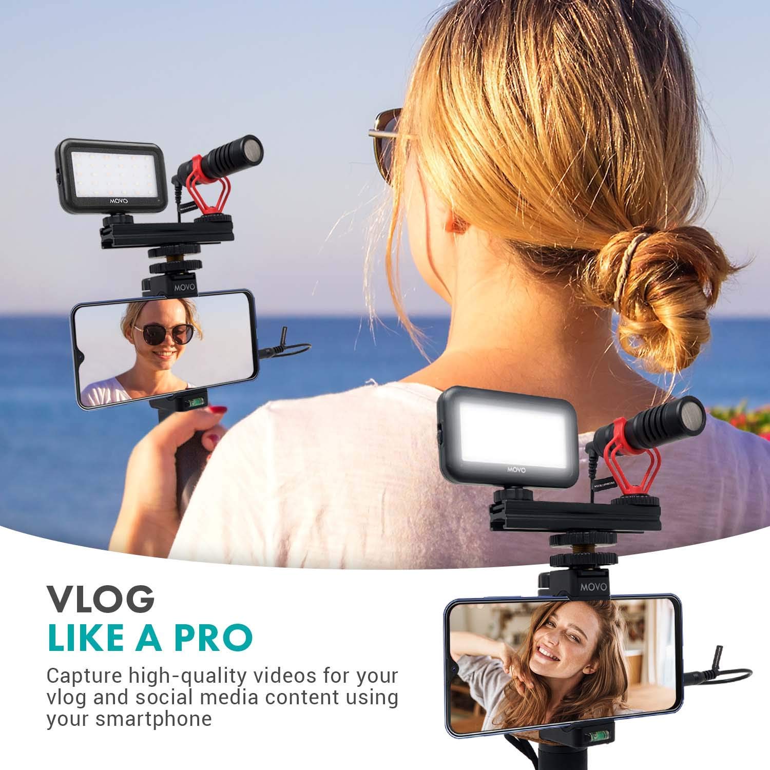 Movo Smartphone Video Kit V1 Vlogging Kit with Grip Rig, Shotgun Microphone, LED Light and Wireless Remote - YouTube Equipment Compatible with iPhone, Android Samsung Galaxy, Note - Vlogging Equipment  - Good