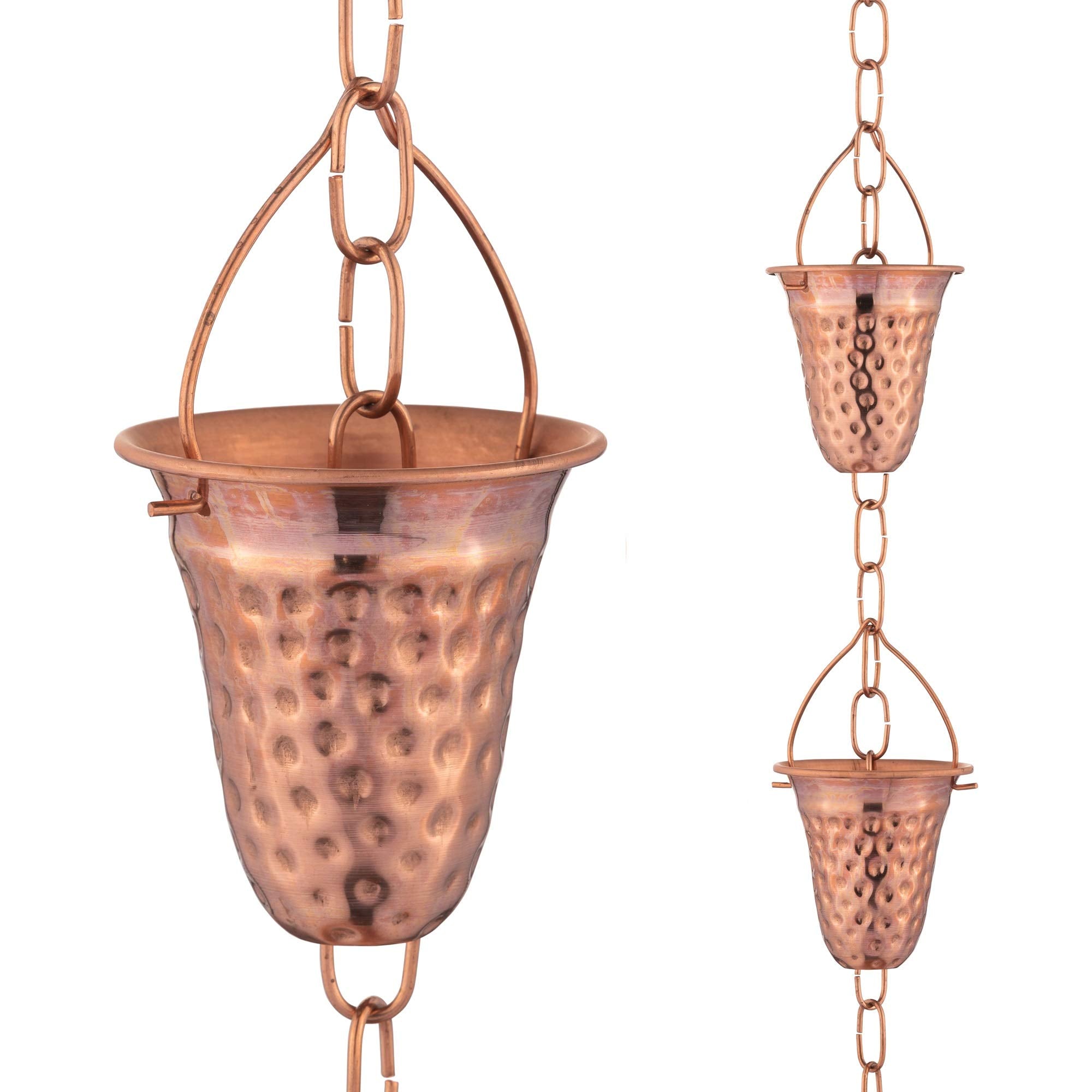 Marrgon Copper Hammered Rain Chain – Decorative Chimes & Cups Replace Gutter Downspout & Divert Water Away from Home for Stunning Fountain Display – for Universal Fit – Bell Style  - Like New