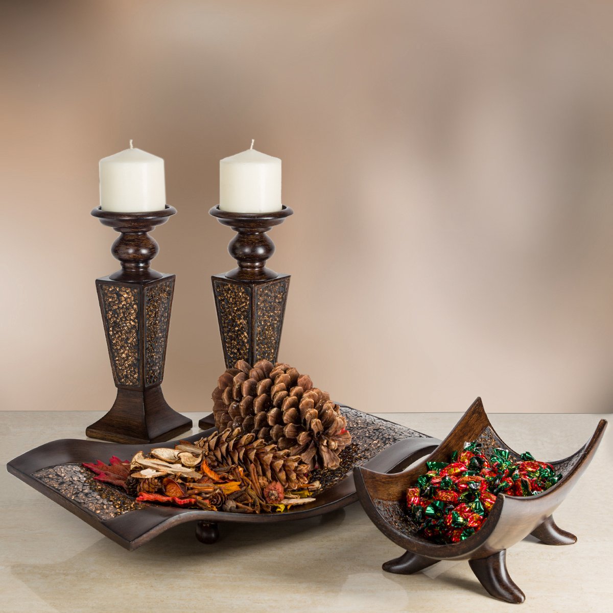 Creative Scents Schonwerk Pillar Candle Holder Set of 2- Crackled Mosaic Design- Functional Table Decorations- Centerpieces for Dining/Living Room- Best Wedding Gift (Brown)  - Like New