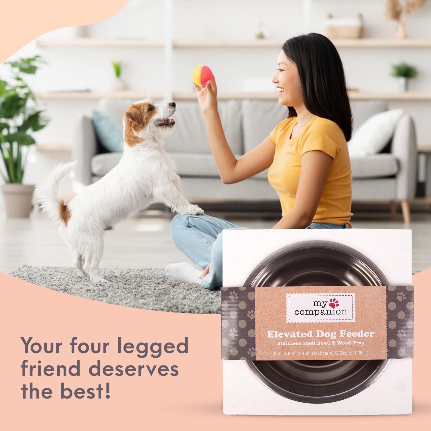 MosJos Elevated Feeding Pet Bowl - Dog, Puppy Supplies, Stainless Steel Bucket with Wooden Base, Pet Bowl Features Text Design, Your Pets and Puppies. Dishwasher Safe  - Like New