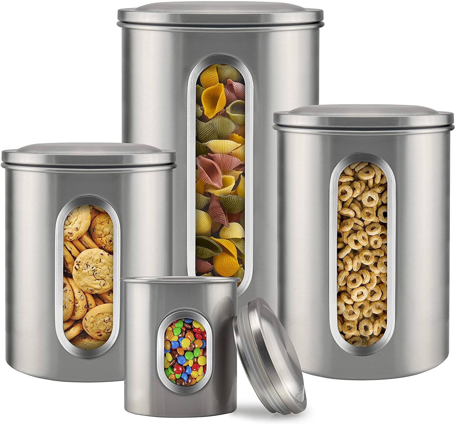 Canister Sets for Kitchen Counter - Kitchen Decor Sets - Brushed Stainless Steel - Sugar Containers for Countertop - Flour Sugar Canister Set - Sugar Jars for Kitchen - Kitchen Canisters Set of 4  - Very Good