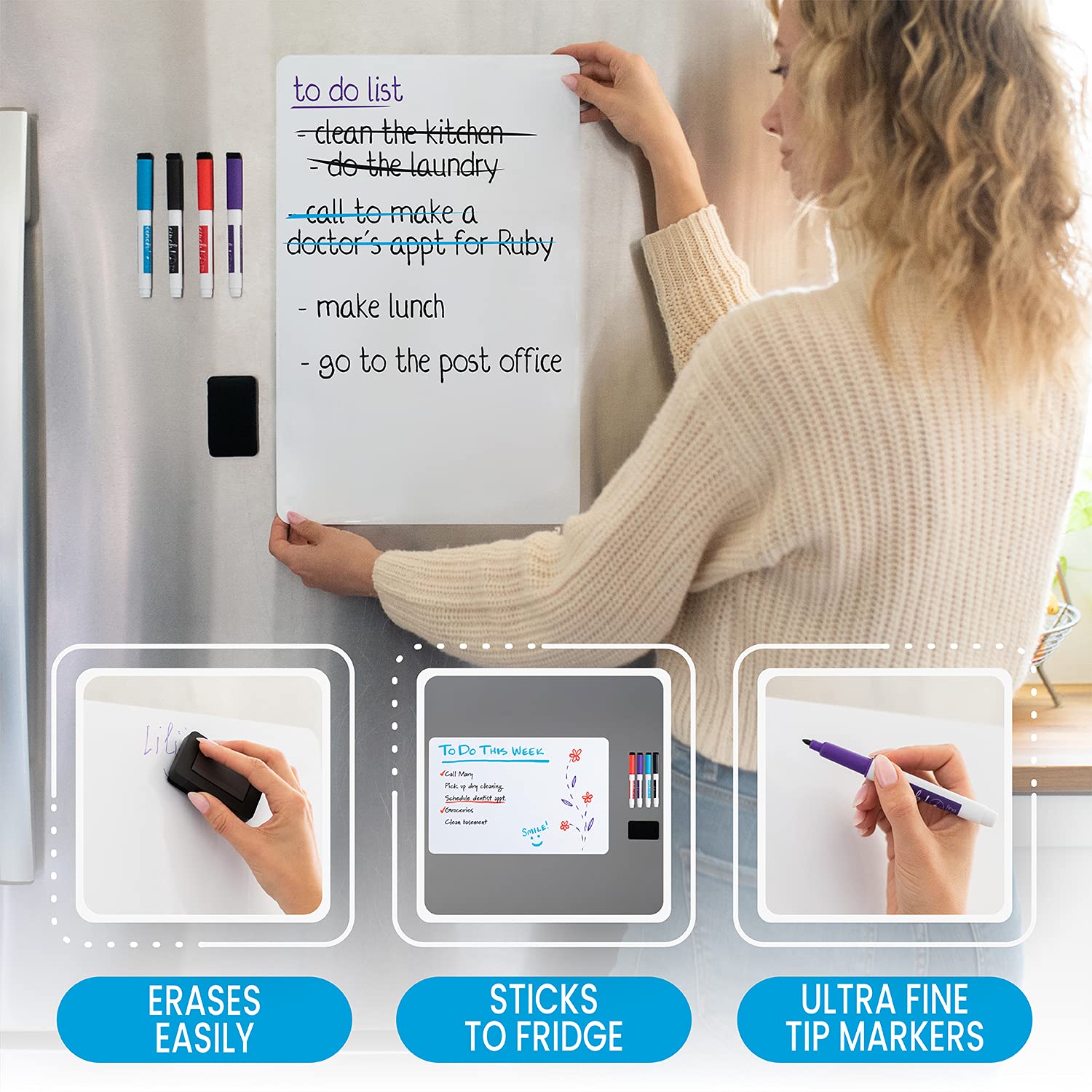 20x13 Stain-Resistant Magnetic Whiteboard for Fridge - Includes 4 Markers and Big Eraser with Magnets - Magnetic Dry Erase Board | Refrigerator White Board Organizer and Planner  - Like New
