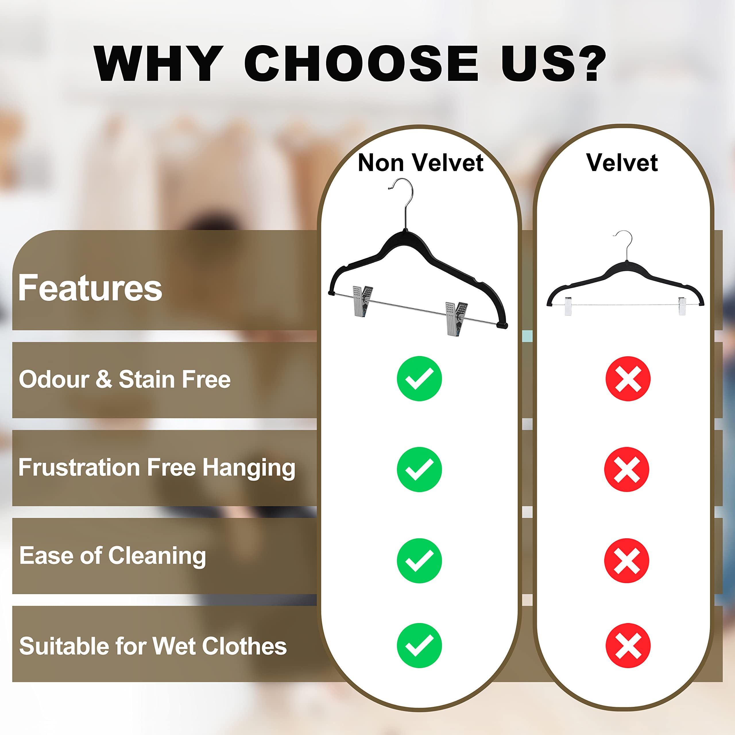 Quality Plastic Non Velvet Non-Flocked Thin Compact Coat Hangers with Metal Clips for Skirts Pants Blouses 360° Swivel Hook  - Very Good