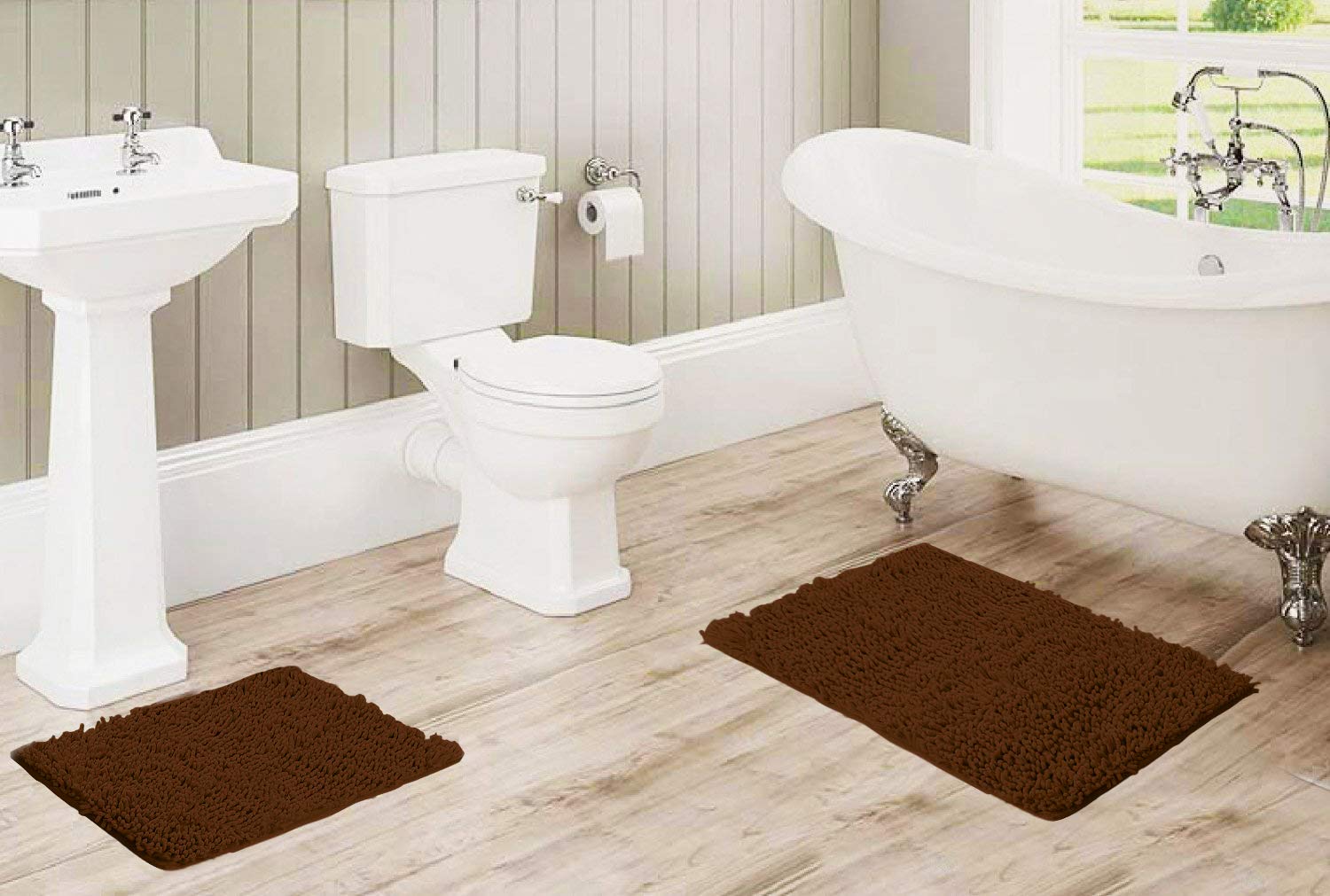 LuxUrux Bathroom Rug Set�Extra-Soft Plush Bath mat Shower Bathroom Rugs,1'' Chenille Microfiber Material, Super Absorbent (30 X 20'' + 23 x 15'', Brown)  - Very Good
