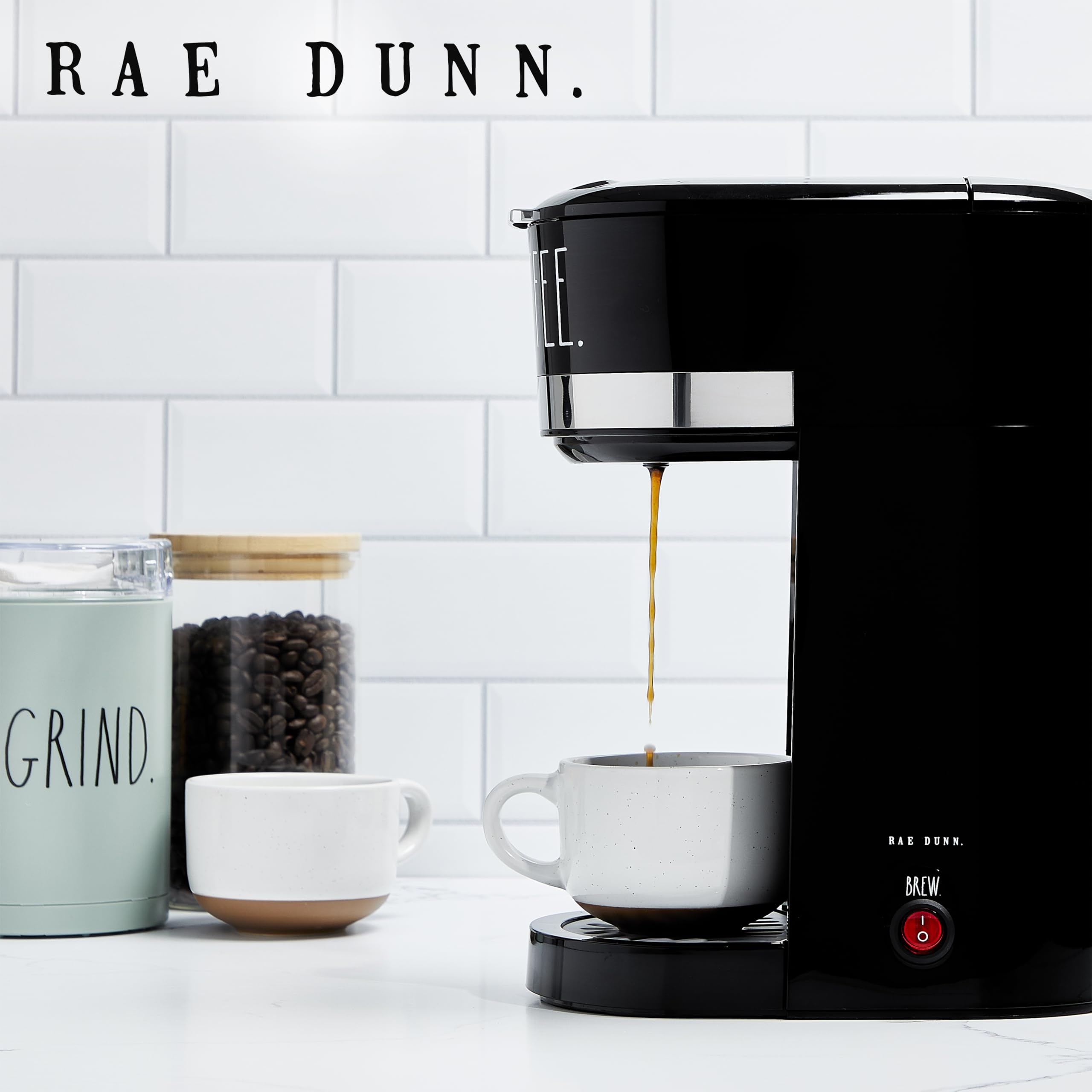 Rae Dunn 2-IN-1 Single Serve Coffee Maker - 700 Watt, Coffee Grounds, 30oz Water Reservoir, One-Click Operation, 12oz Each Brew, Removable Drip Tray  - Acceptable