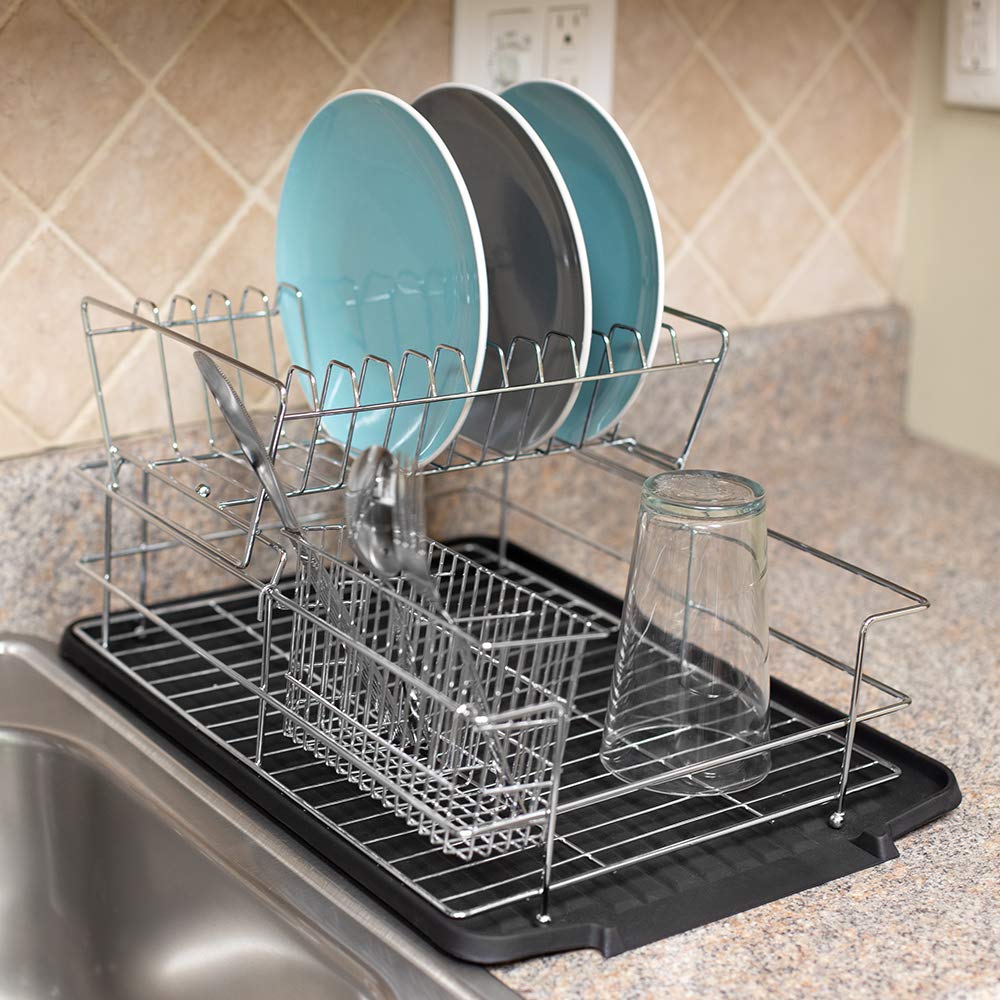 Home Basics Black Kitchen Sink Countertop 2 Tier Dish Rack and Draining Board Cutlery Holder, Fits Large Plates, Dry & Drip Tray, Full Mesh  - Like New