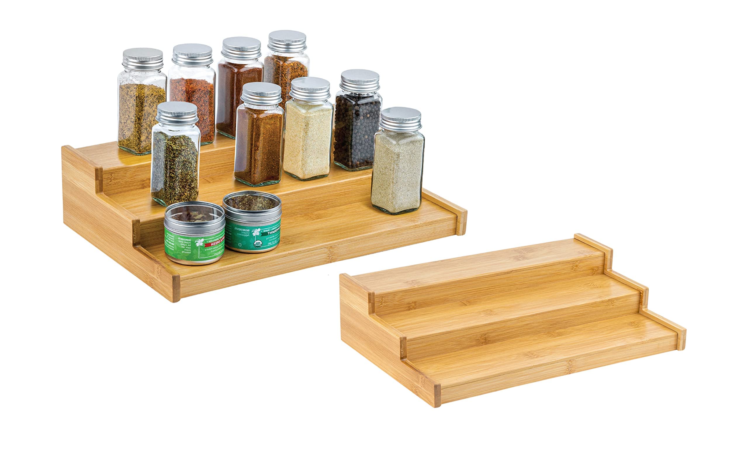 Homeries Bamboo Spice Rack organizer 3-Tier Non-Skid for Pantry Cabinet or Countertop, Waterproof, For Spice Bottles, Jars, Seasonings, Baking Supplies (2 Pack)  - Very Good