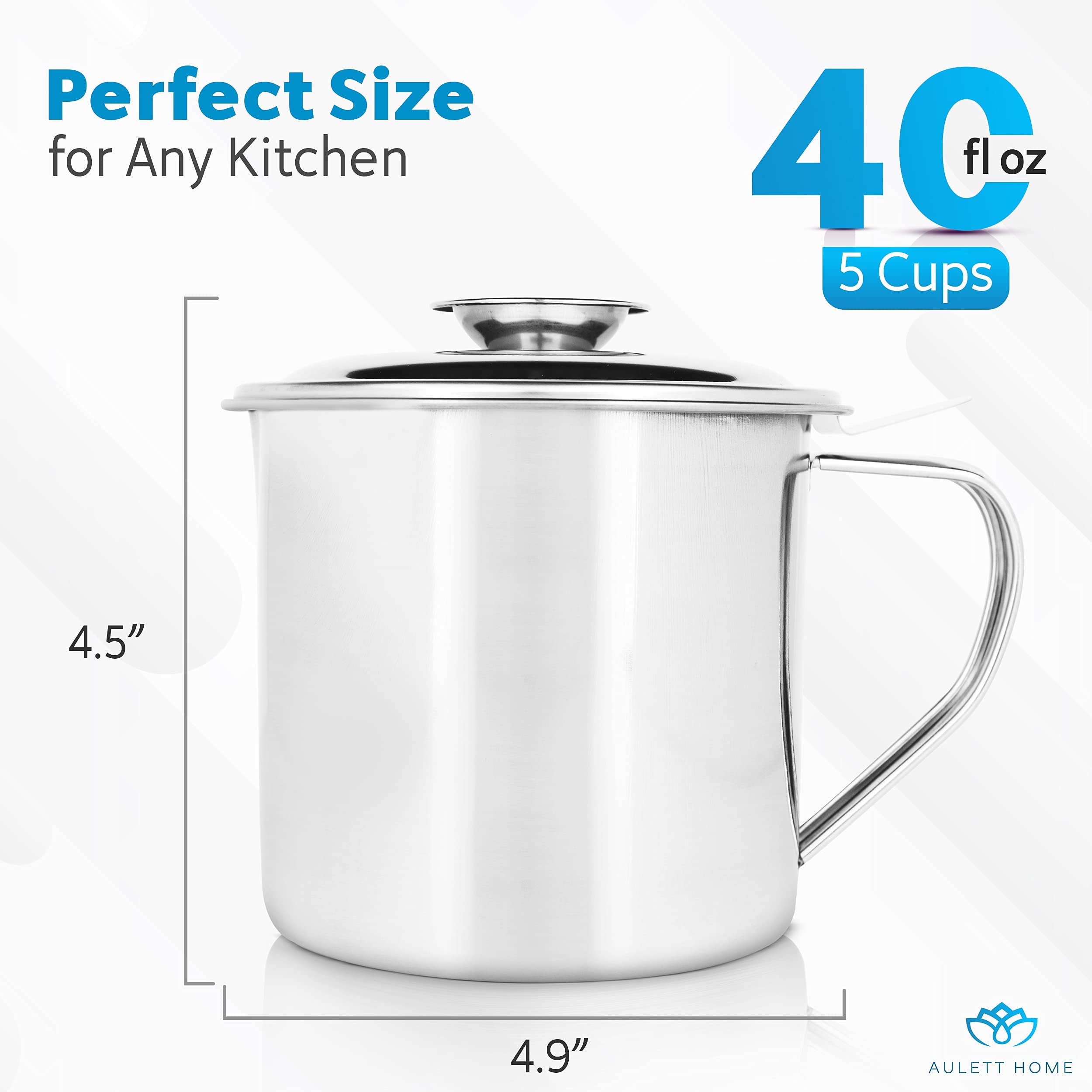 Aulett Home Bacon Fat Container With Oil Strainer - Storing Fats, Cooking Oil, Drippings - Oil Separator for Cooking - 1.25 Quart or 5 Cups Stainless Steel Grease Keeper with Oil Fat Separator  - Like New