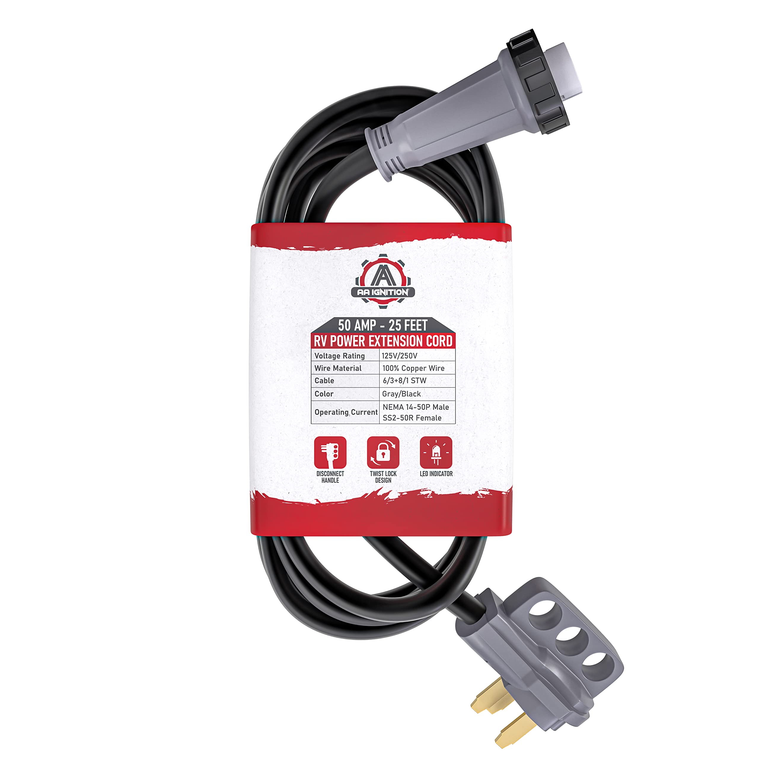 AA Ignition 50 Amp 25 Feet RV Power Extension Cord - NEMA 14-50P Male to NEMA SS2-50R Female - 125V/250V Cable Molded Connector and Twist Lock - Camper Van, Trailers, Motorhome, Caravan, Generator  - Very Good