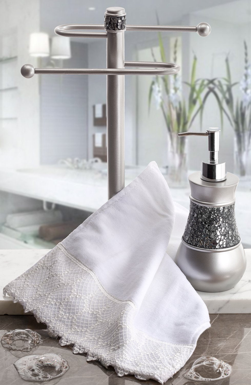 Creative Scents Countertop Towel Stand, Decorative Fingertip Towel Holder, Durable Resin Free Standing Towel Rack, for Elegant Counter Top Bathroom/Shower/Kitchen Decor (Silver)  - Very Good
