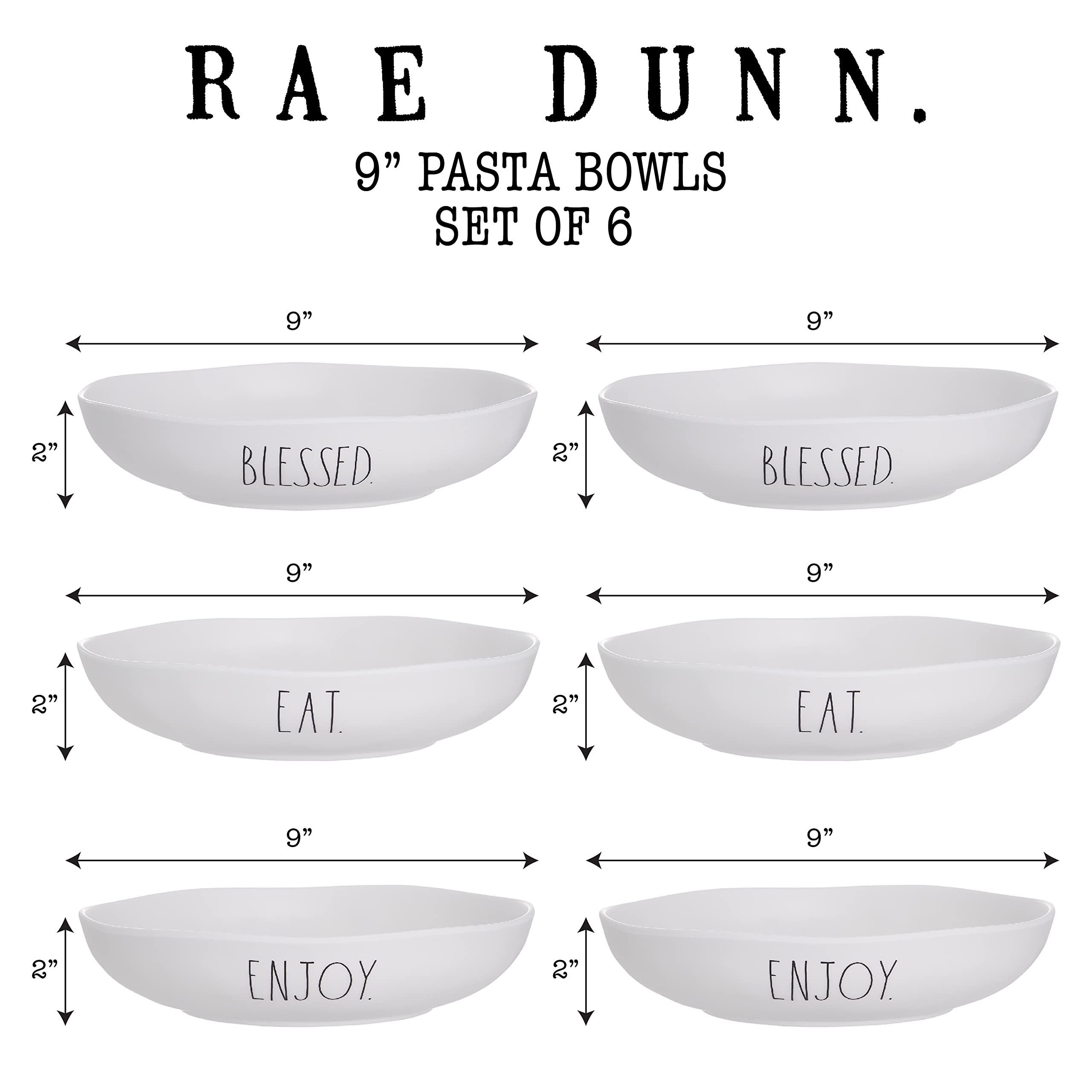 Rae Dunn Melamine Dinner Bowl - Durable Dishwasher Safe Pasta Bowls - Set of 6 (9 inch / 8.2oz) Perfect Bowls for Soup, Cereal, Pasta, Salads and Gifts  - Like New