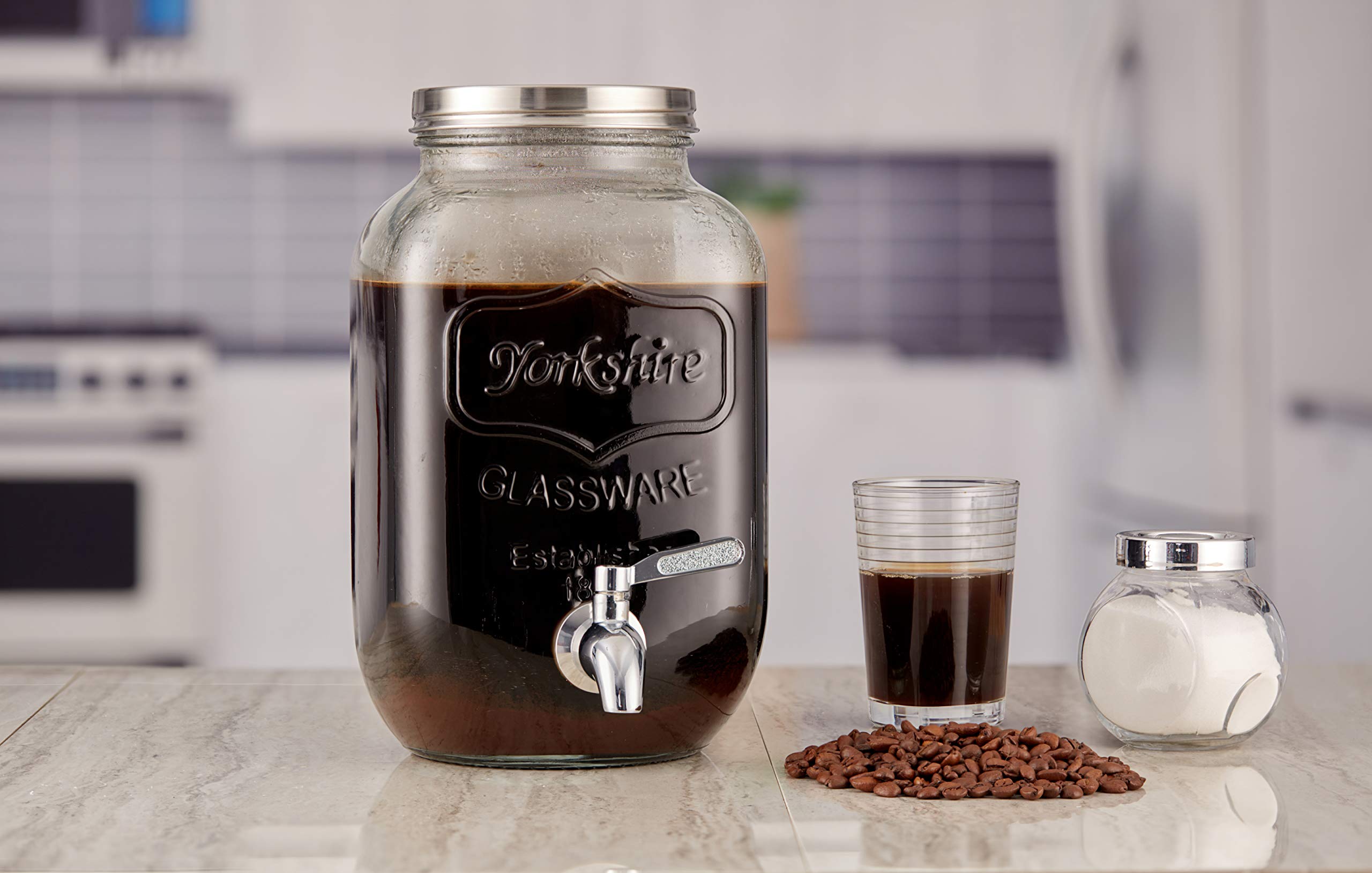 kitchentoolz Gallon Cold Brew Coffee Maker Dispenser - 4 Quart Strong Glass Container with Stainless Steel Spigot Dispenser, Metal Filter and Airtight Metal Lid -for Large Batch Cold Brewing  - Like New