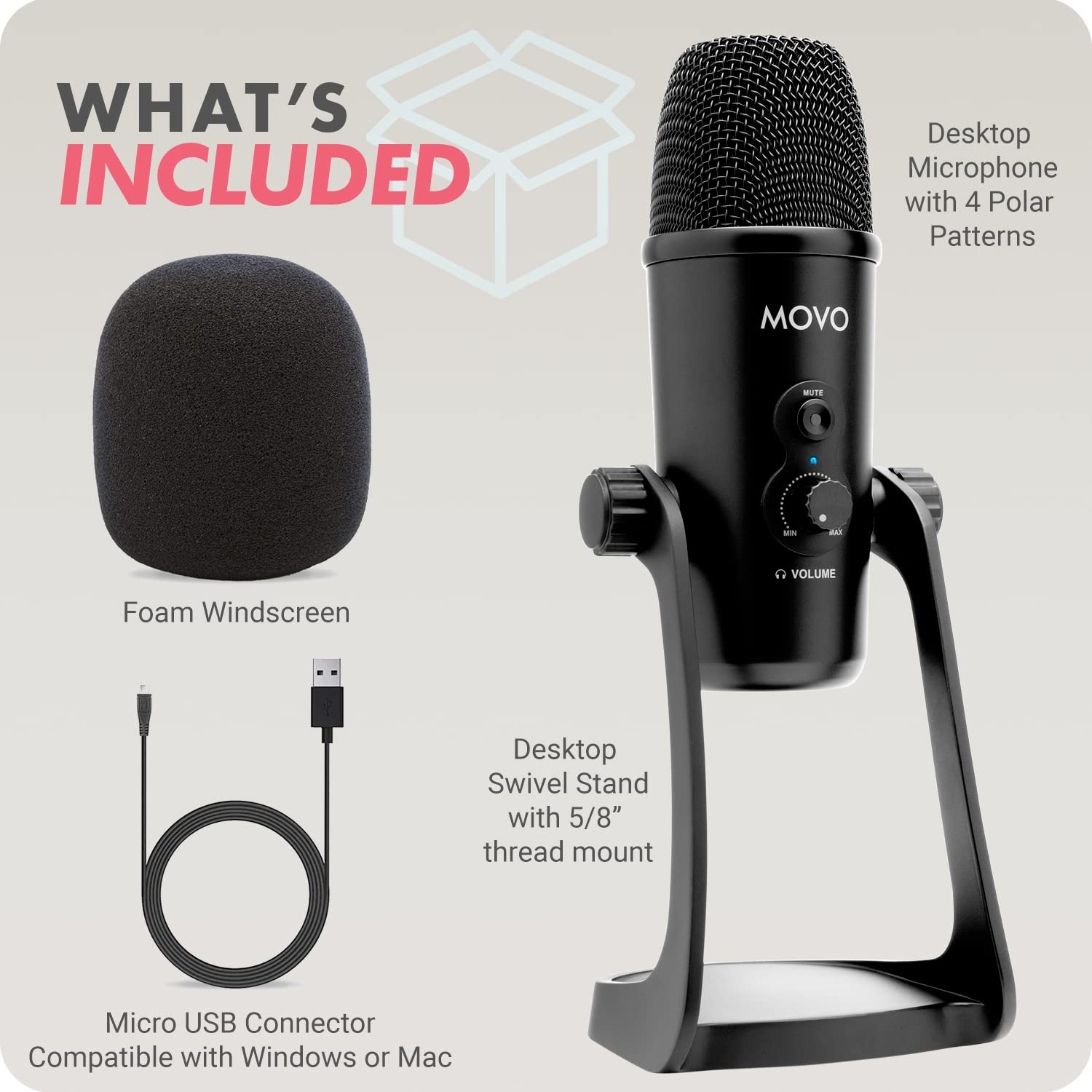 Movo UM700 Desktop USB Microphone for Computer with Adjustable Pickup Patterns  - Like New