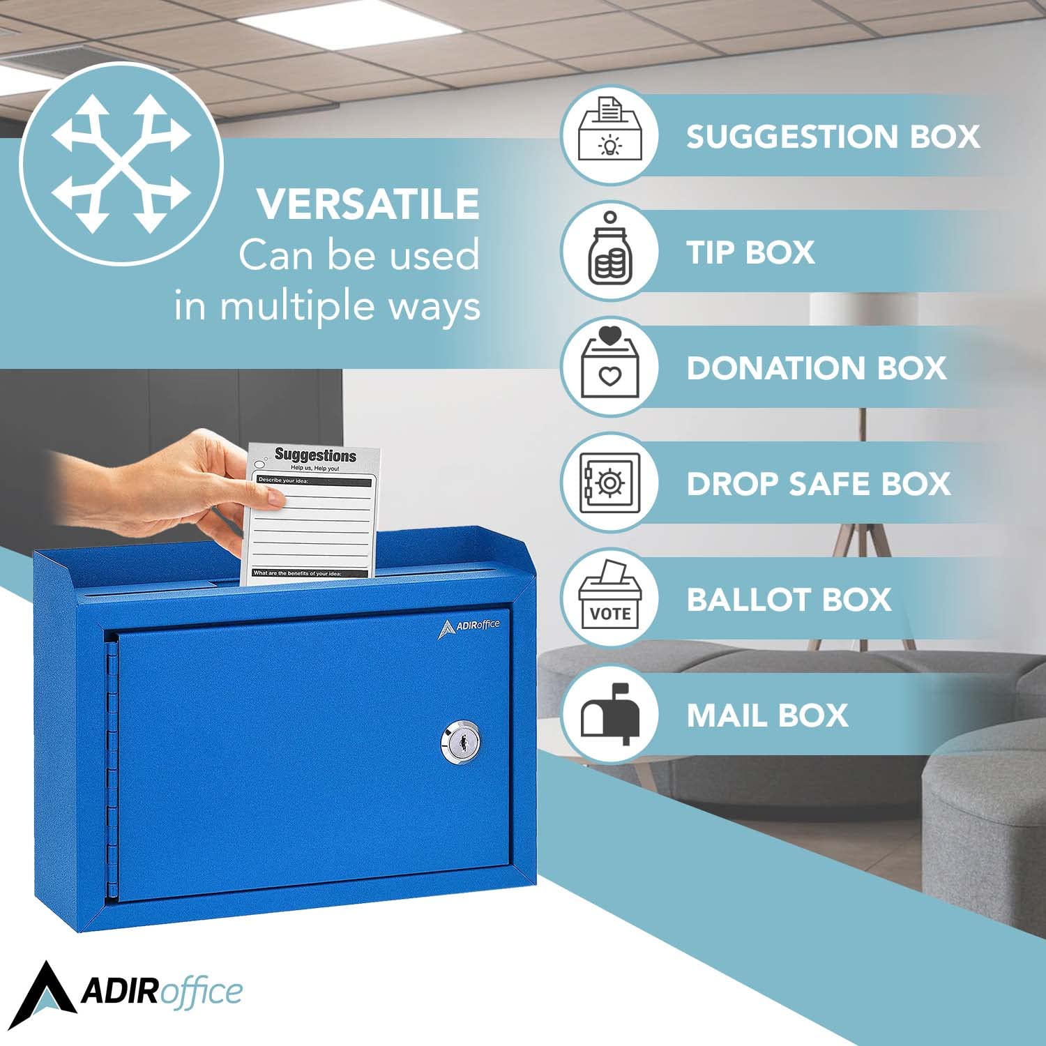 AdirCorp. Suggestion Box with Lock, Safe Wall Mounted Mail Box, Key Drop, Donation File and Money Organizer, 9.75x7x3 (Blue)  - Very Good