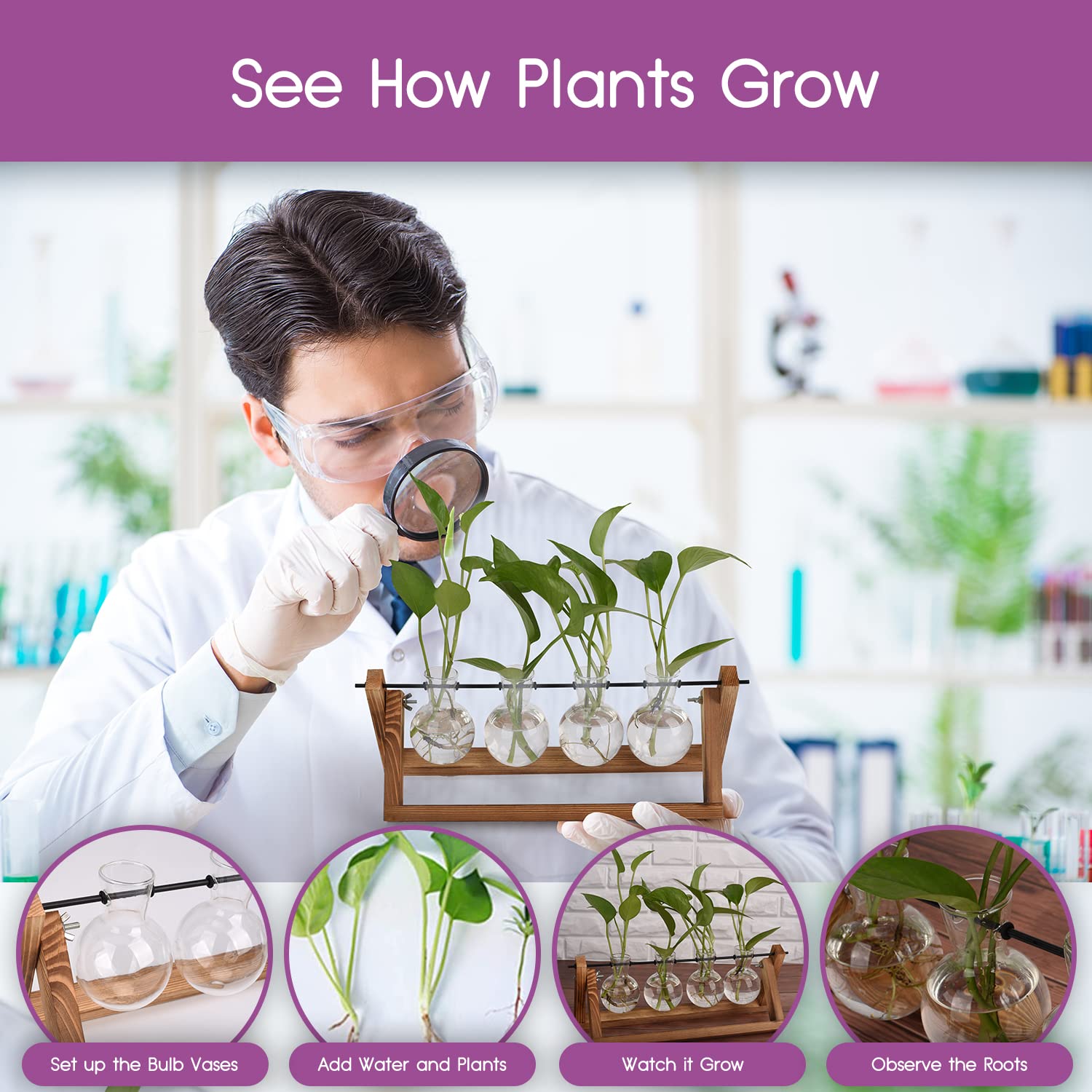 glass plant stands indoor Plant Propagation Station Terrarium with Wooden Stand – Plant Terrarium Stand with 4 Glass Planters for Indoor Plants – Air Plant Holder for Women