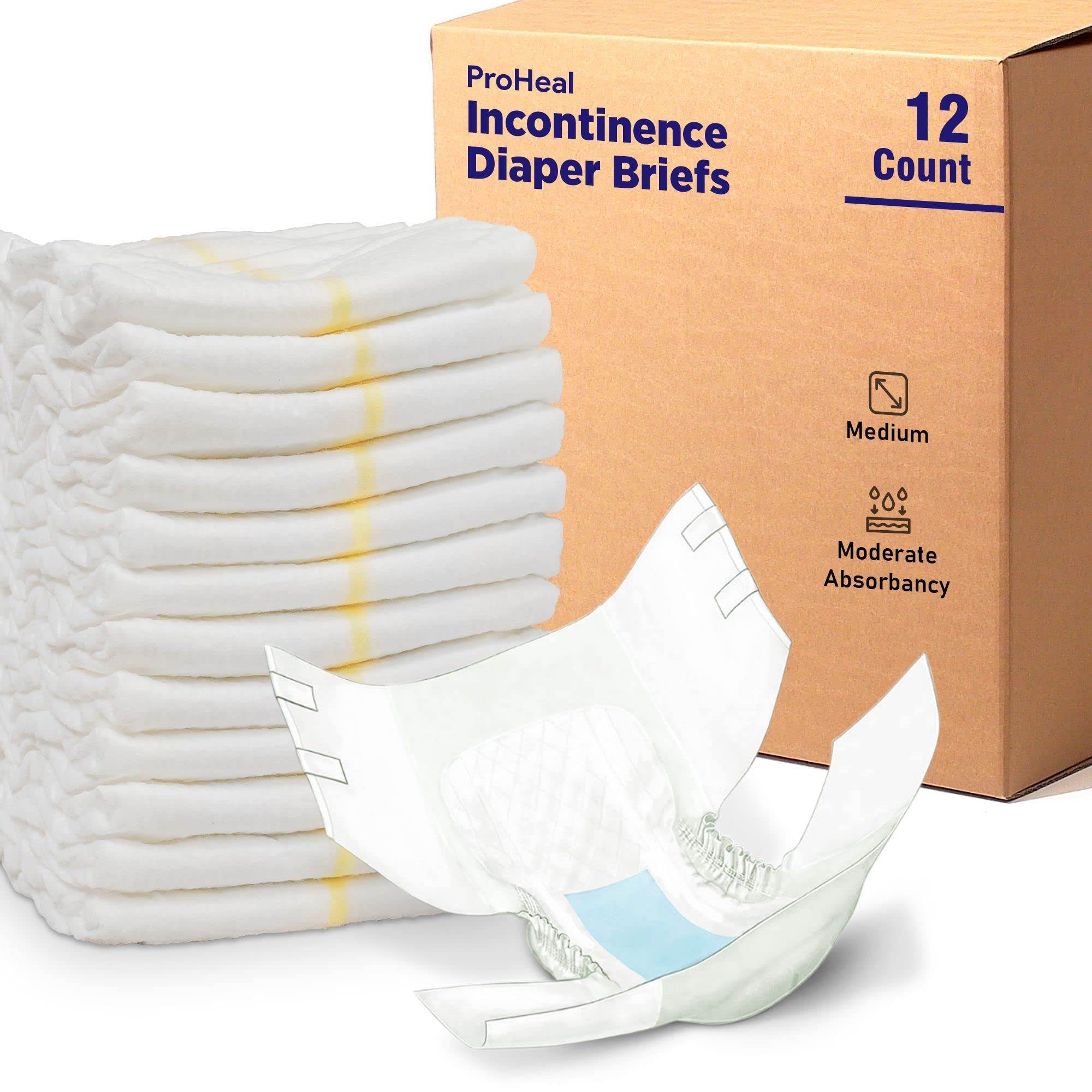 Medium Adult Diapers 12 Pack - Moderate Absorbency Incontinence Briefs with Moisture and Odor Lock - Mat Style Secure Fit, Elastic Gathers and Refastenable Tabs - for Men and Women