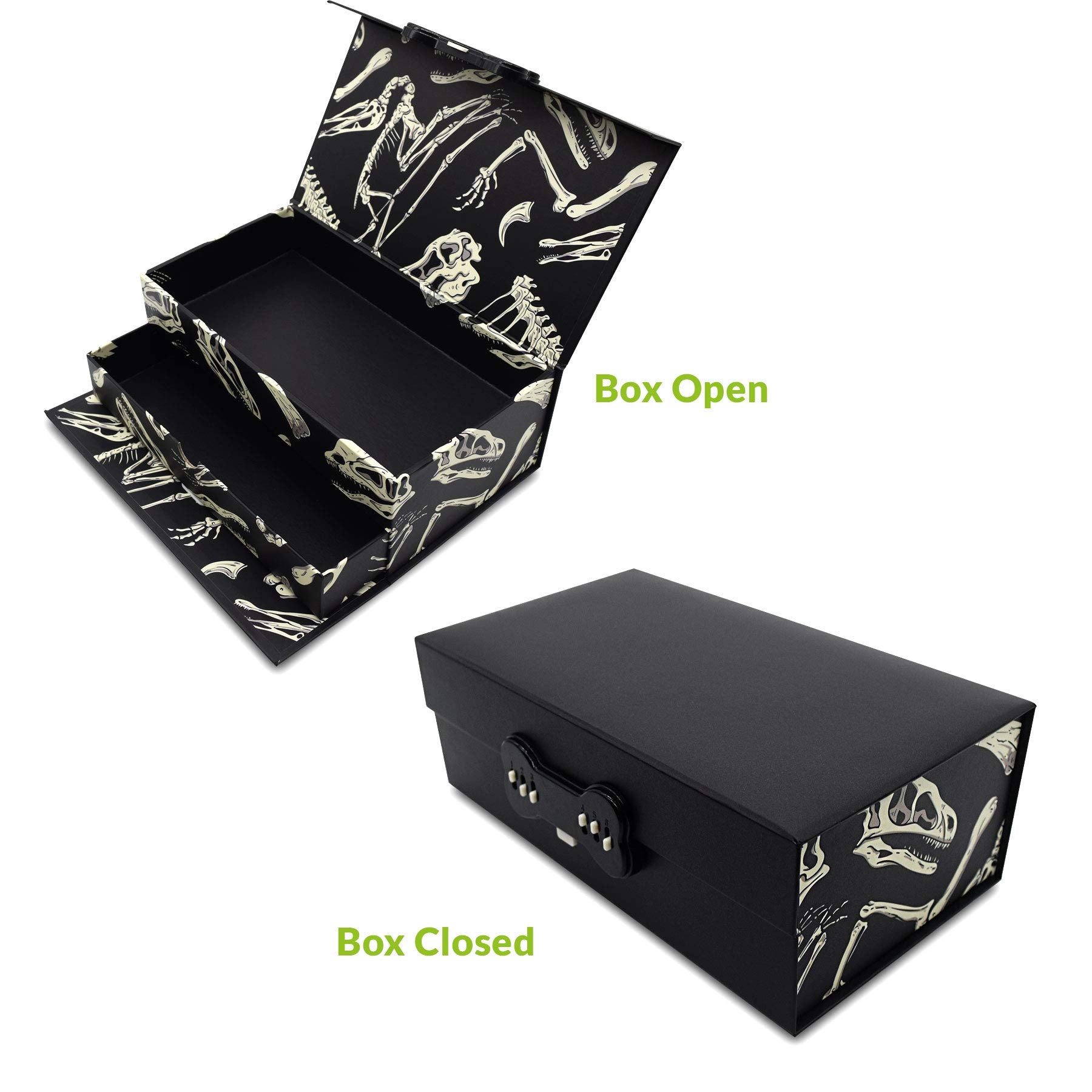 Kids Safe Box - Keepsake Paper Box for Boys, Safe With Combination Code Lock, Treasure Chest with Drawer, for Cash, Cards, Jewelery, Valuables, Storage, Toys, Organizing, Dinosaur Print - 9.5x5.25x3.5  - Like New