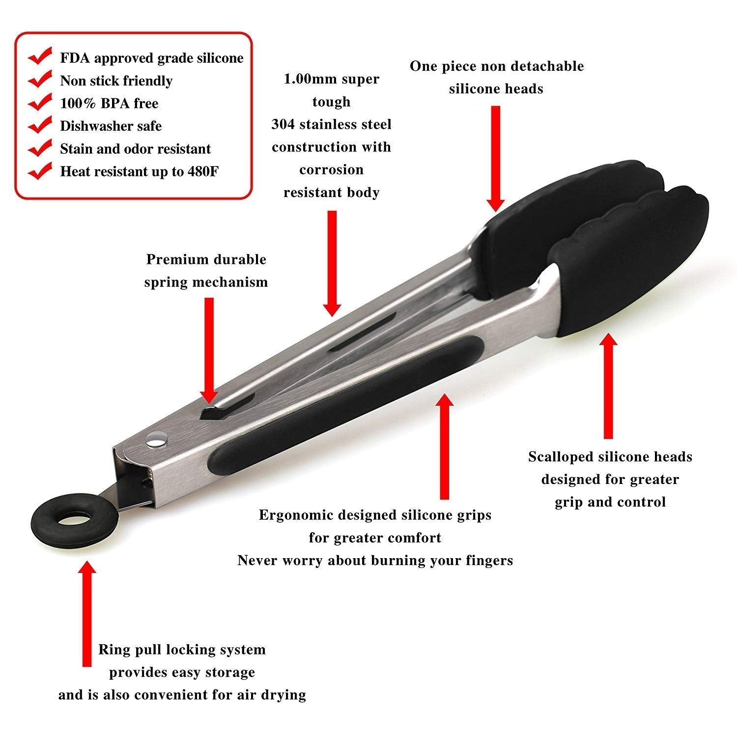Hot Target Set of 3: 7, 9, 12 inches, Heavy Duty, Non-Stick, Stainless Steel Silicone BBQ and Kitchen Tongs. Heat resistant up to 600°F  - Like New