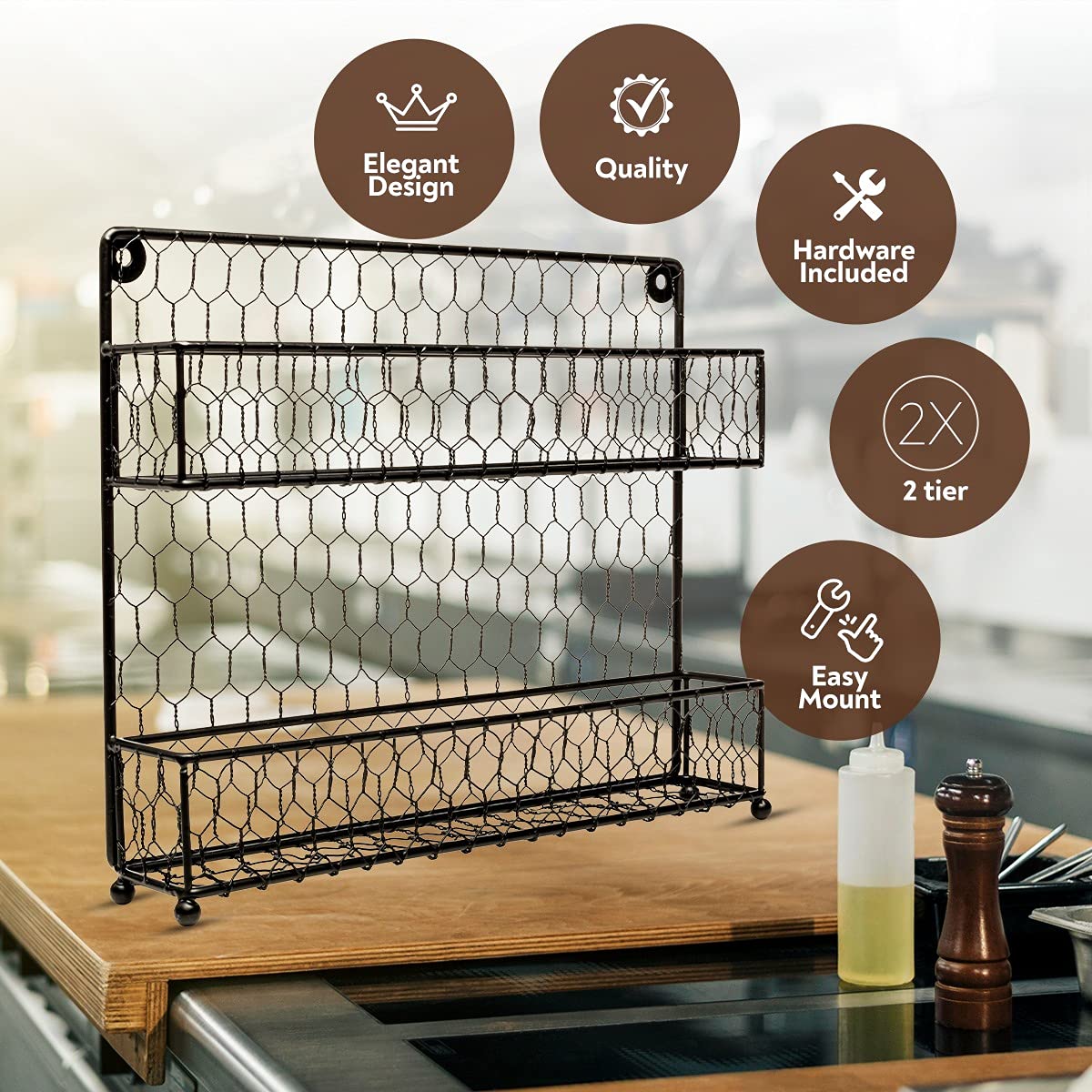 Homeries 2 Tier Wall Spice Rack For Kitchens | Stylish Wall Mounted Spices And Seasonings Storage Rack | Organize Your Home, Eliminate Clutter & Add Some Beautiful Rustic Decor To Your Walls  - Like New