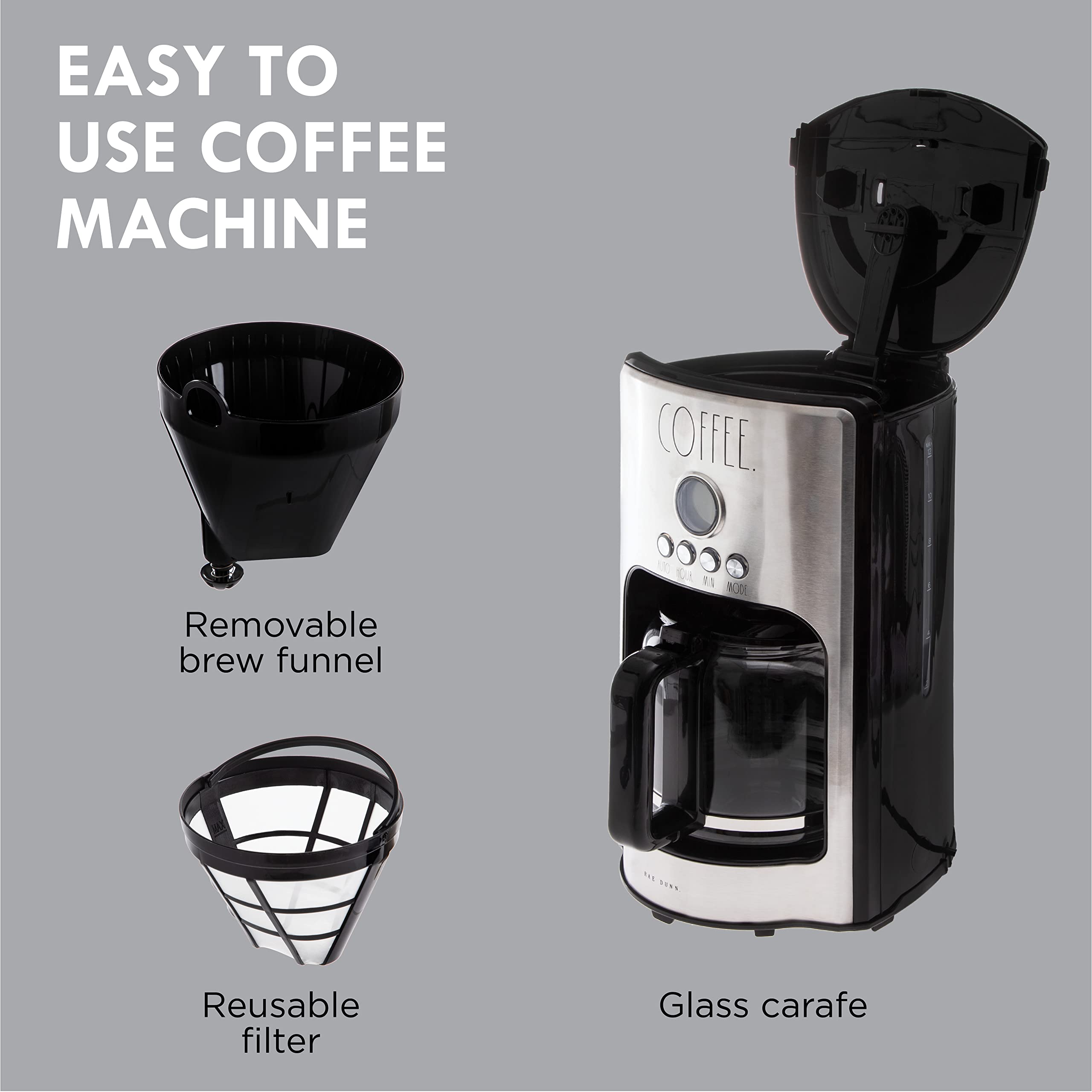 Rae Dunn Programmable Drip Coffee Maker, Coffee Pot for Kitchen, Electric Coffee Machine for Brewing Coffee. Easy to Use Coffee Maker Brews 12 Cups, Genuine Labelled COFFEE  - Like New