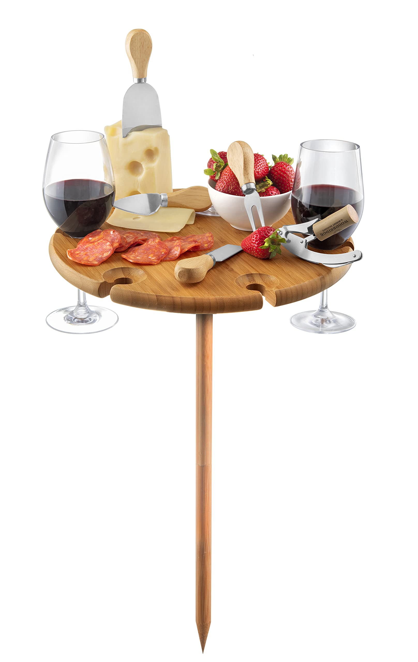 Bamb�si Wine Picnic Table - Portable Outdoor Wine Table with 6 Wine Glasses Holder, Bamboo Wood Charcuterie Board Cheese Tray- Perfect for Beach, Camping, Glamping, Concerts at Park, Wine Gifts  - Like New