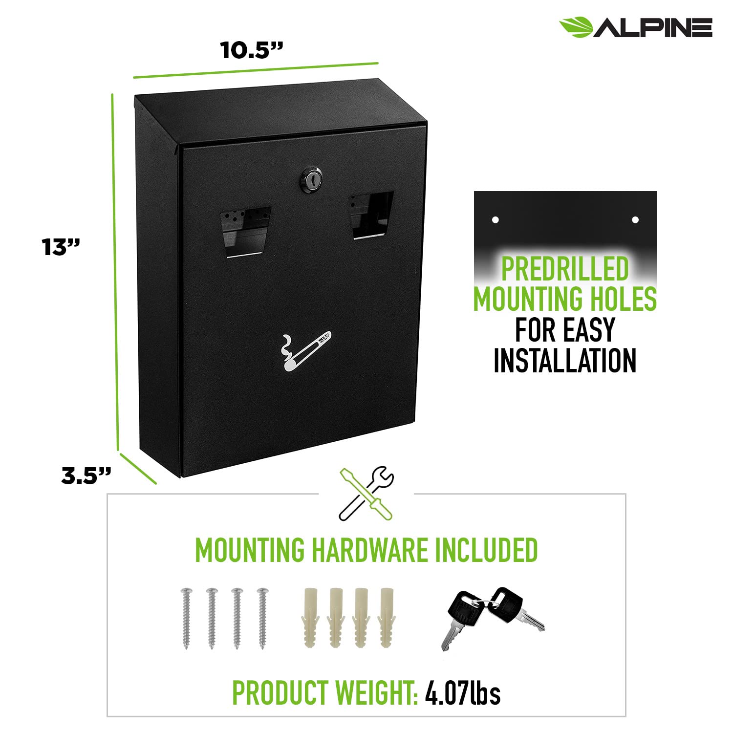 Alpine Cigarette Butt Disposal Outdoor - Outside Cigarette Butt Receptacle Wall Mounted Outpost with a Removable Ashtray Bin for Standing Smokers (Black)  - Like New